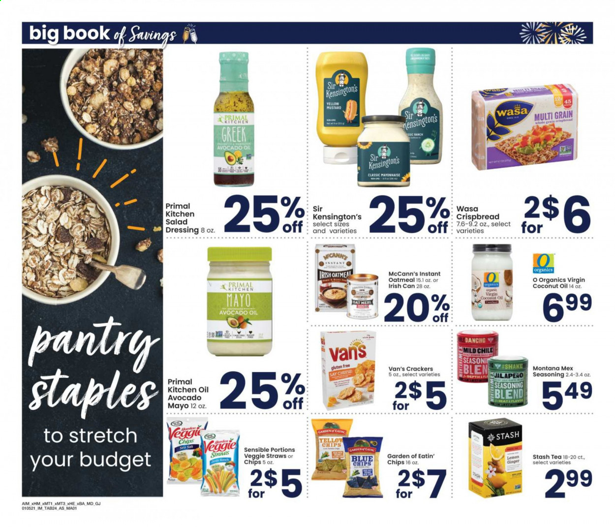 thumbnail - Albertsons Flyer - 01/05/2021 - 02/01/2021 - Sales products - crispbread, ginger, mayonnaise, crackers, chips, oatmeal, oats, sea salt, jalapeño, mustard, salad dressing, dressing, avocado oil, coconut oil, tea, straw, Primal. Page 24.