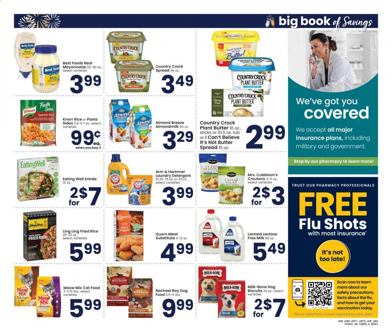 thumbnail - Albertsons Flyer - 01/05/2021 - 02/01/2021 - Sales products - nuggets, Knorr, salad, pasta sides, Lactaid, Almond Breeze, almond milk, milk, lactose free milk, butter, I Can't Believe It's Not Butter, mayonnaise, croutons, snack, ARM & HAMMER, pasta, pesto, almond oil, olive oil, detergent, laundry detergent, Trust, animal food, cat food, dog food, dog biscuits, Meow Mix, Nutrish. Page 25.