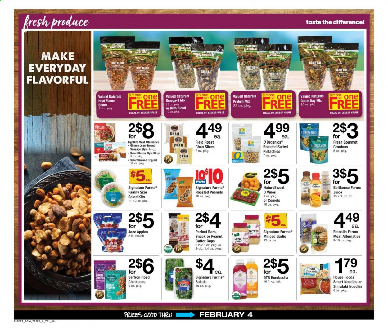 thumbnail - ACME Flyer - 01/08/2021 - 02/04/2021 - Sales products - apples, salad, bacon, sausage, tofu, butter, strips, croutons, snack, chickpeas, noodles, roasted peanuts, peanuts, pistachios, Valued Naturals, juice, kombucha, Omega-3. Page 2.