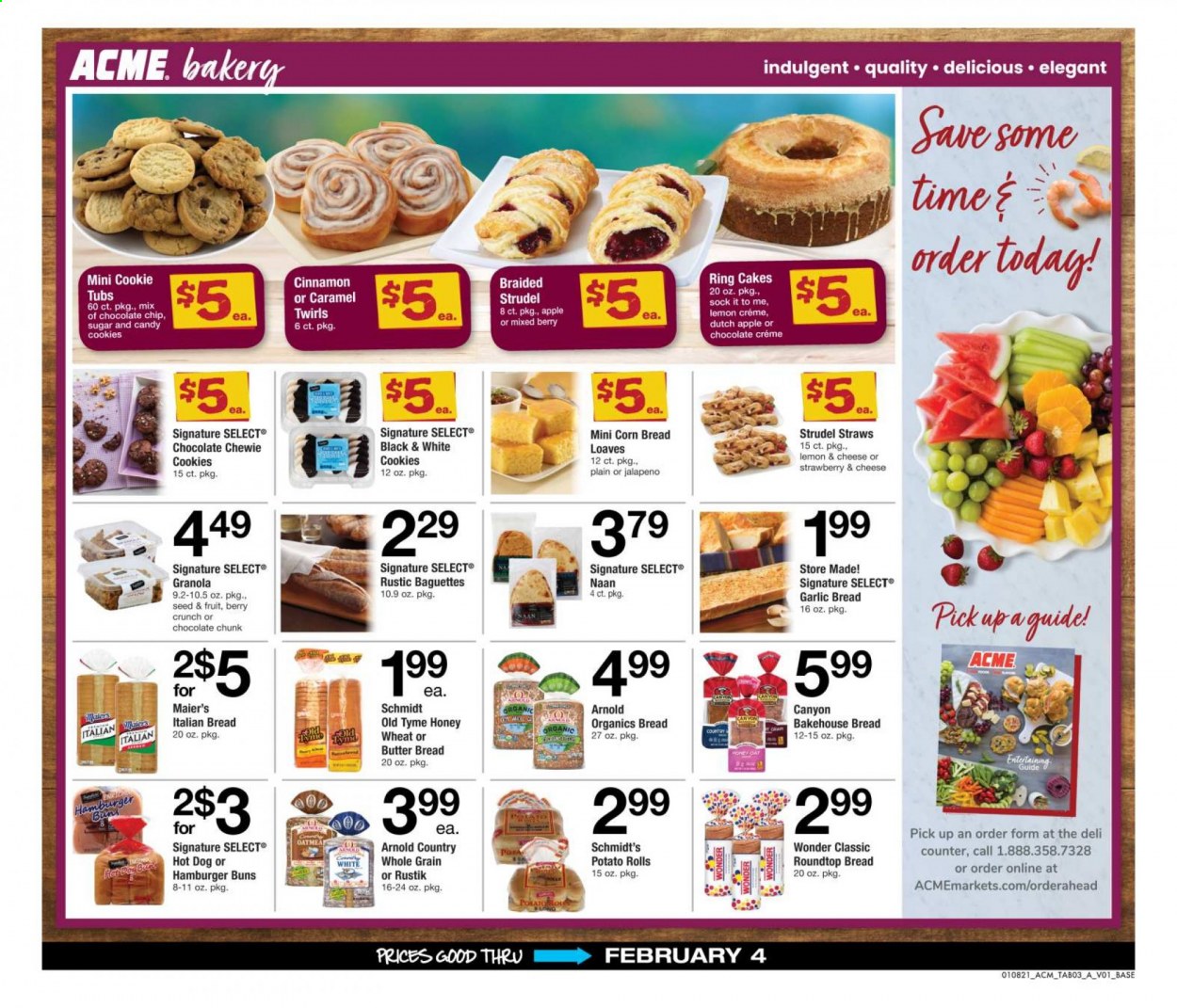 thumbnail - ACME Flyer - 01/08/2021 - 02/04/2021 - Sales products - baguette, bread, corn bread, burger buns, potato rolls, cake, strudel, buns, hot dog, Puck, cookies, jalapeño, granola, cinnamon, straw. Page 3.