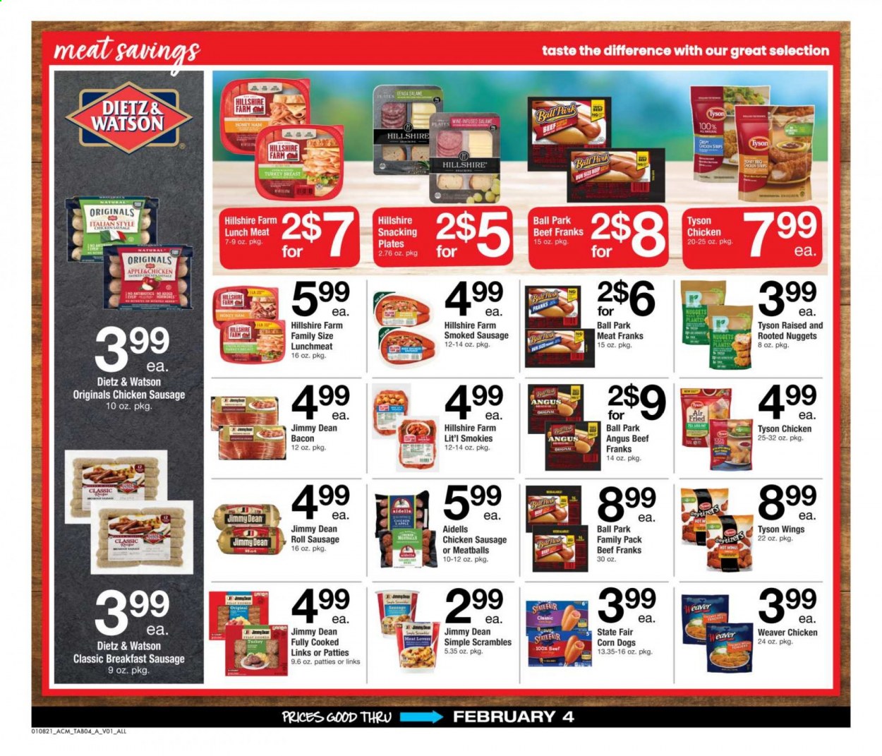 thumbnail - ACME Flyer - 01/08/2021 - 02/04/2021 - Sales products - meatballs, nuggets, Jimmy Dean, bacon, ham, Hillshire Farm, Dietz & Watson, sausage, smoked sausage, chicken sausage, lunch meat, corn, wine, turkey breast, beef meat. Page 4.