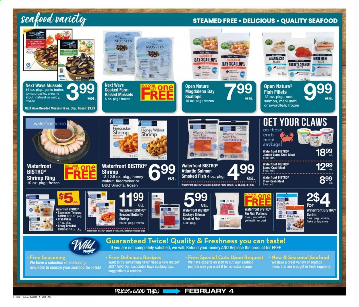 thumbnail - ACME Flyer - 01/08/2021 - 02/04/2021 - Sales products - coconut, calamari, cod, crab meat, fish fillets, mahi mahi, mussels, salmon, salmon fillet, scallops, swordfish, seafood, fish, shrimps, crab cake, butter, walnuts. Page 6.