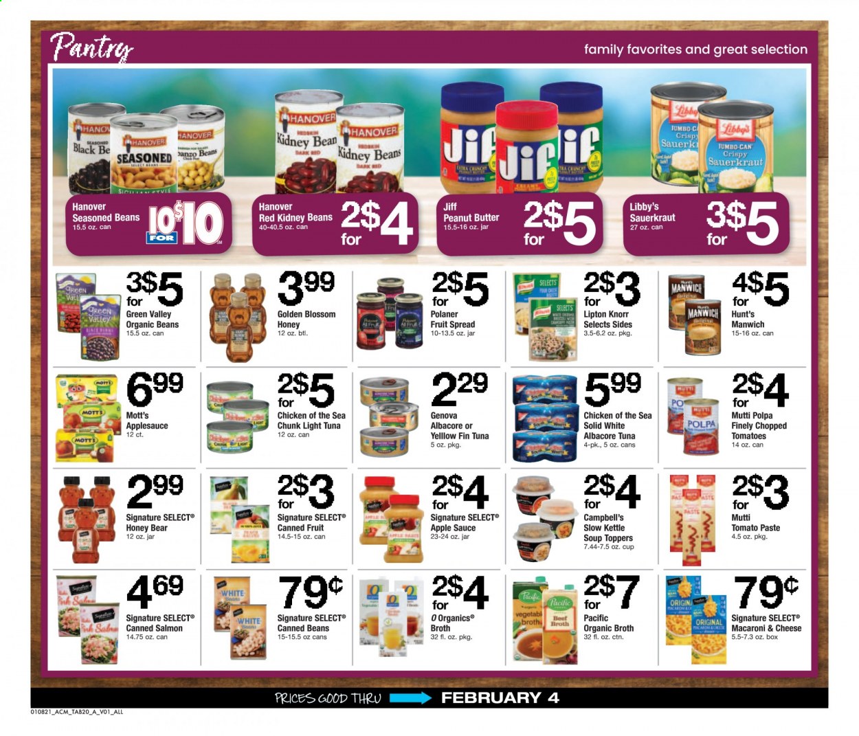 thumbnail - ACME Flyer - 01/08/2021 - 02/04/2021 - Sales products - salmon, tuna, Campbell's, macaroni & cheese, soup, Knorr, sauce, Blossom, beans, beef broth, broth, sauerkraut, tomato paste, kidney beans, light tuna, Chicken of the Sea, Manwich, chopped tomatoes, apple sauce, honey, peanut butter, Lipton, Mott's, cup, ANZO, kettle. Page 20.
