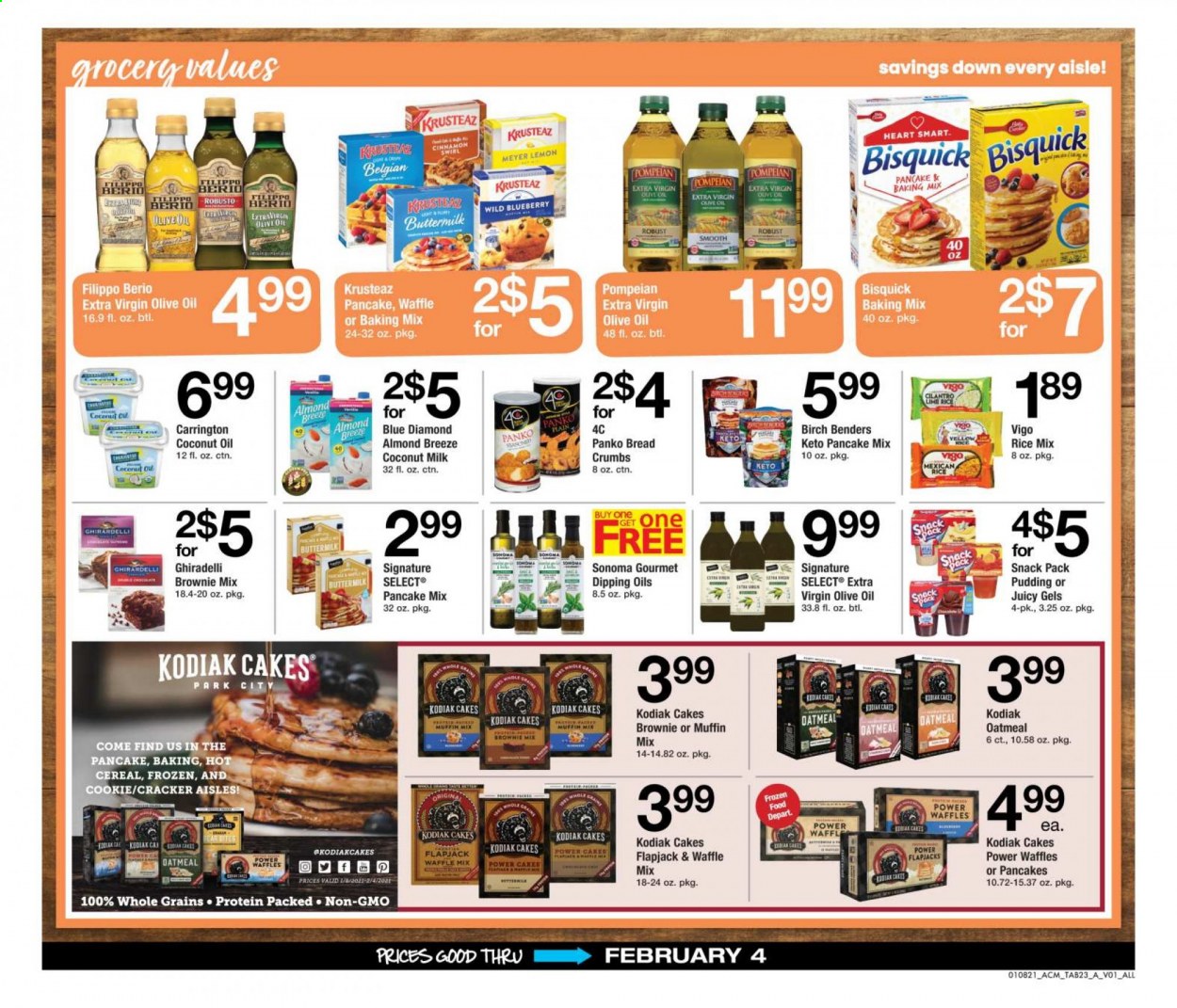 thumbnail - ACME Flyer - 01/08/2021 - 02/04/2021 - Sales products - bread, brownie mix, cake, pancakes, muffin, waffles, breadcrumbs, panko breadcrumbs, pudding, Almond Breeze, buttermilk, crackers, Ghirardelli, Bisquick, oatmeal, coconut milk, cereals, rice, cilantro, coconut oil, extra virgin olive oil, olive oil, Blue Diamond. Page 23.