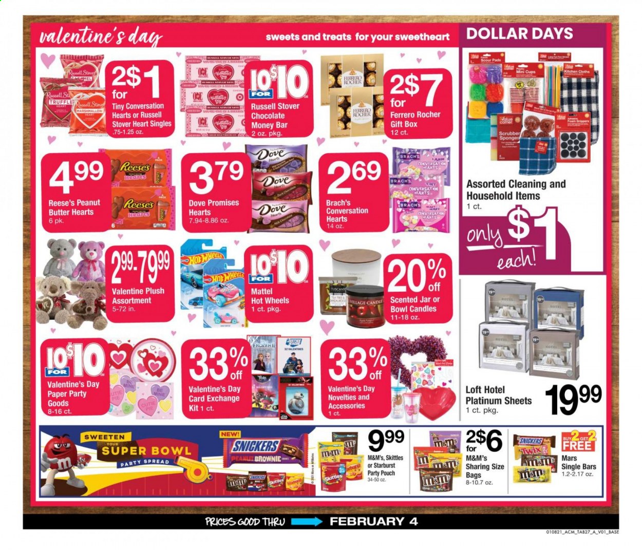 thumbnail - ACME Flyer - 01/08/2021 - 02/04/2021 - Sales products - pie, brownies, Reese's, marshmallows, chocolate, Ferrero Rocher, Snickers, Twix, Mars, M&M's, Skittles, Starburst, peanut butter, Dove, sponge, cup, bowl, jar, gift box, paper, candle, bag, Mattel, Hot Wheels. Page 27.
