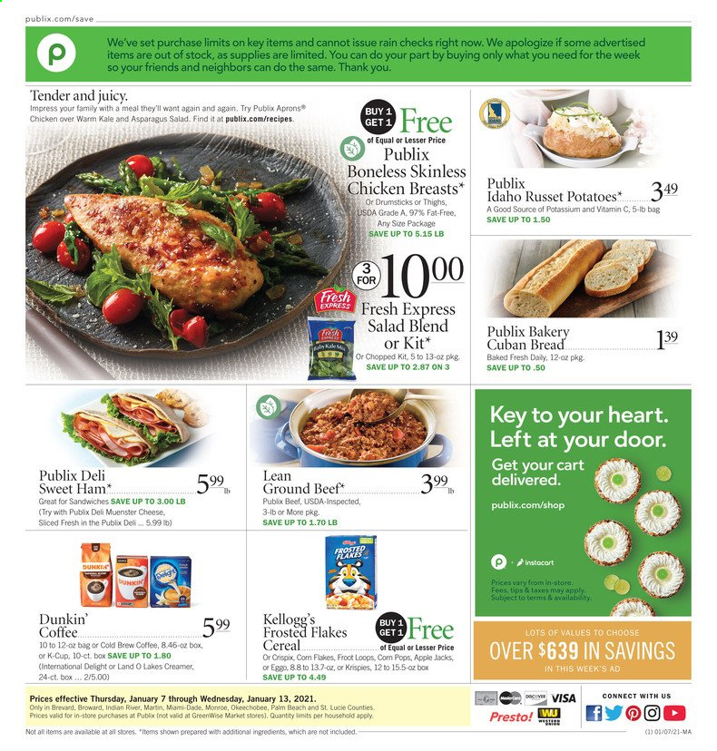 thumbnail - Publix Flyer - 01/07/2021 - 01/13/2021 - Sales products - bread, salad, ham, cheese, Münster cheese, creamer, Kellogg's, cereals, Frosted Flakes, coffee, coffee capsules, K-Cups, chicken breasts, beef meat, ground beef, vitamin c. Page 1.