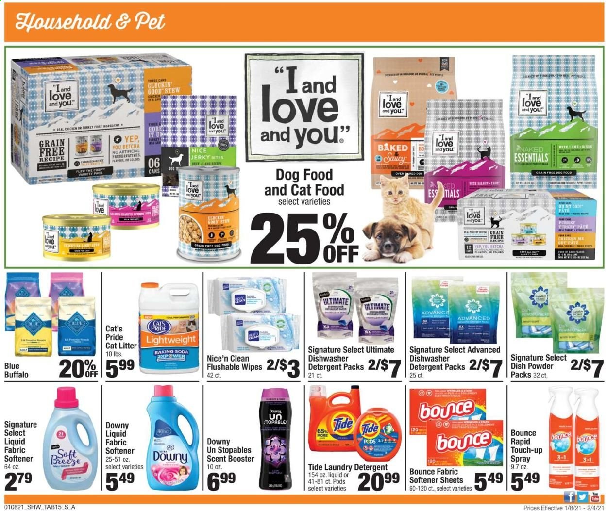 thumbnail - Shaw’s Flyer - 01/08/2021 - 02/04/2021 - Sales products - jerky, bicarbonate of soda, detergent, wipes, Tide, fabric softener, laundry detergent, Bounce, animal food, Blue Buffalo, cat food, dog food. Page 15.