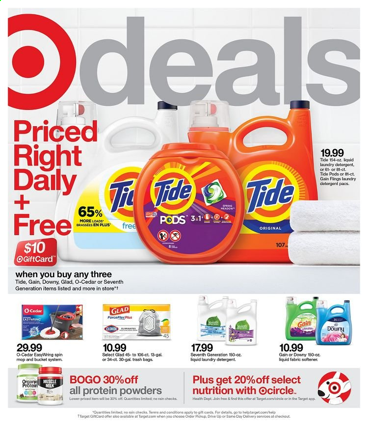 thumbnail - Target Flyer - 01/10/2021 - 01/16/2021 - Sales products - milk, detergent, Gain, Tide, fabric softener, laundry detergent, Downy Laundry, bag, trash bags, Target, whey protein, dietary supplement. Page 1.