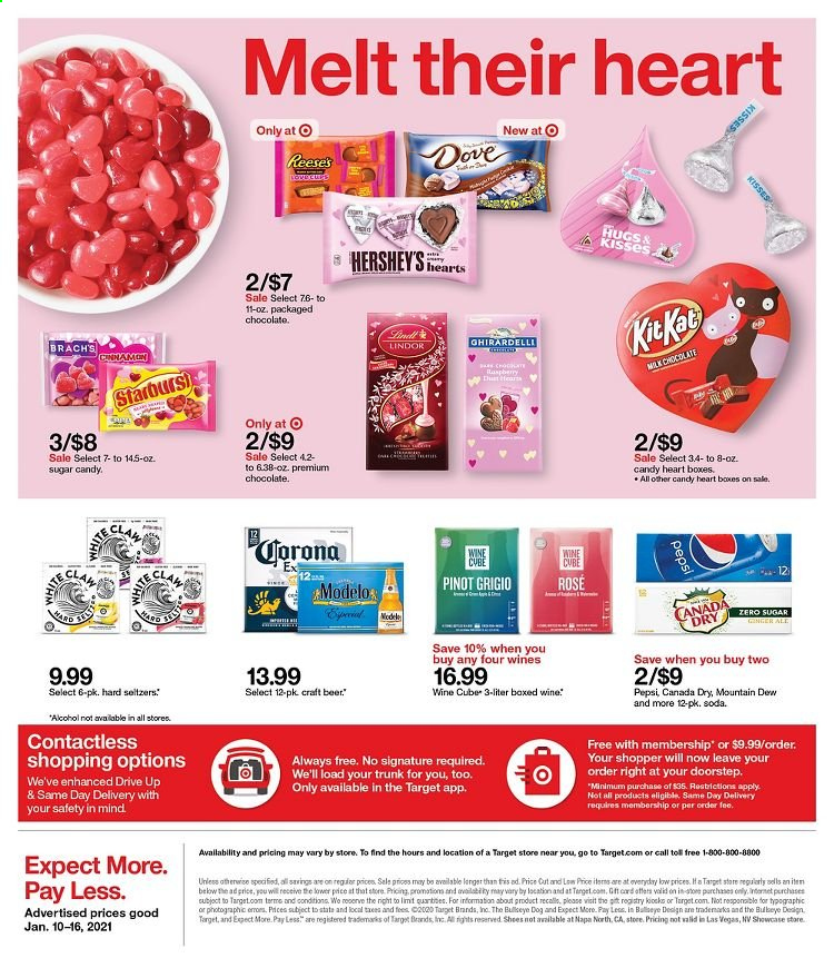 thumbnail - Target Flyer - 01/10/2021 - 01/16/2021 - Sales products - ginger, Reese's, Hershey's, chocolate, Lindor, KitKat, Ghirardelli, cinnamon, Canada Dry, Mountain Dew, Pepsi, soda, wine, alcohol, Pinot Grigio, beer, Modelo, Dove. Page 16.