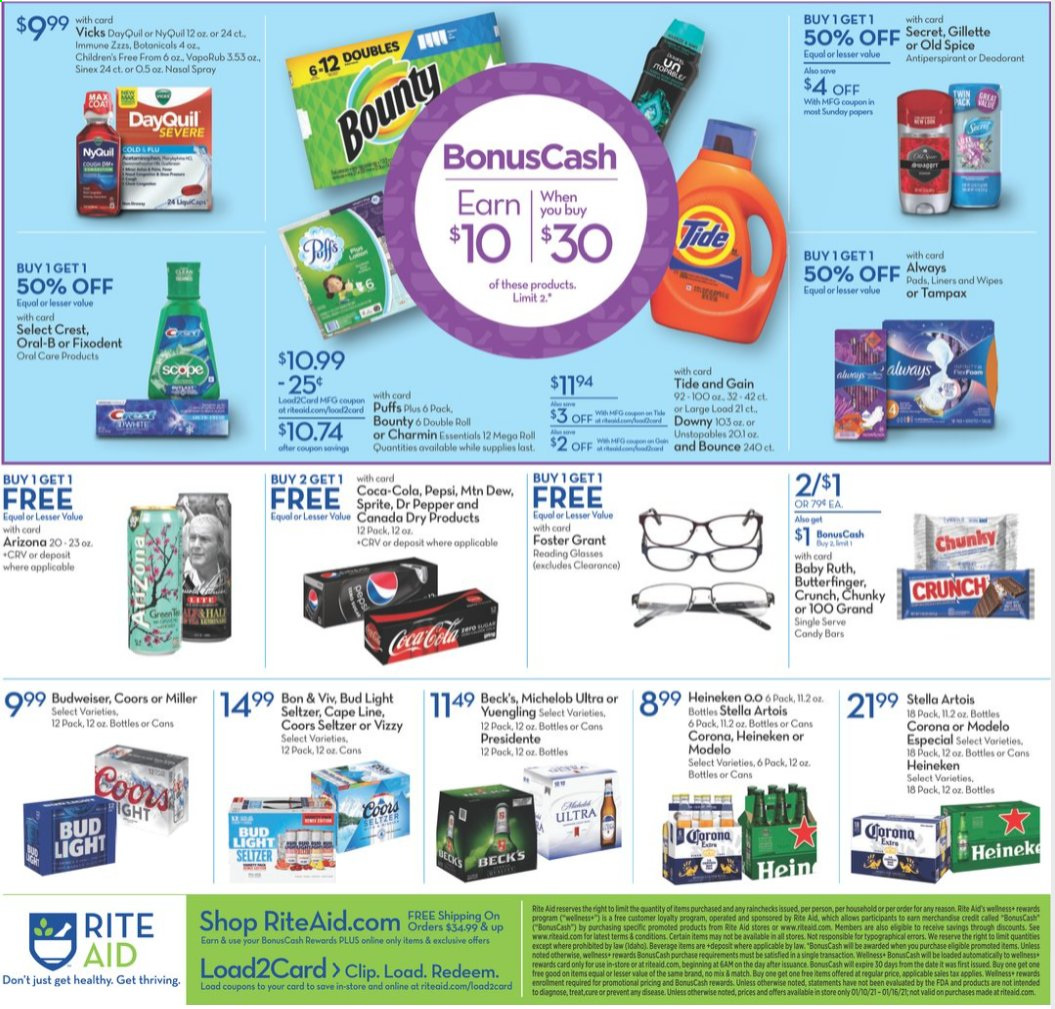 thumbnail - RITE AID Flyer - 01/10/2021 - 01/16/2021 - Sales products - Bounty, Canada Dry, Coca-Cola, Mountain Dew, Sprite, Pepsi, Dr. Pepper, AriZona, seltzer water, beer, Budweiser, Stella Artois, Coors, Yuengling, Michelob, Bud Light, Corona Extra, Heineken, Miller, Beck's, Modelo, Charmin, Gain, wipes, Tide, Unstopables, Bounce, Old Spice, Fixodent, Crest, Tampax, anti-perspirant, deodorant, Gillette, Vicks, DayQuil, NyQuil, Sinex. Page 2.