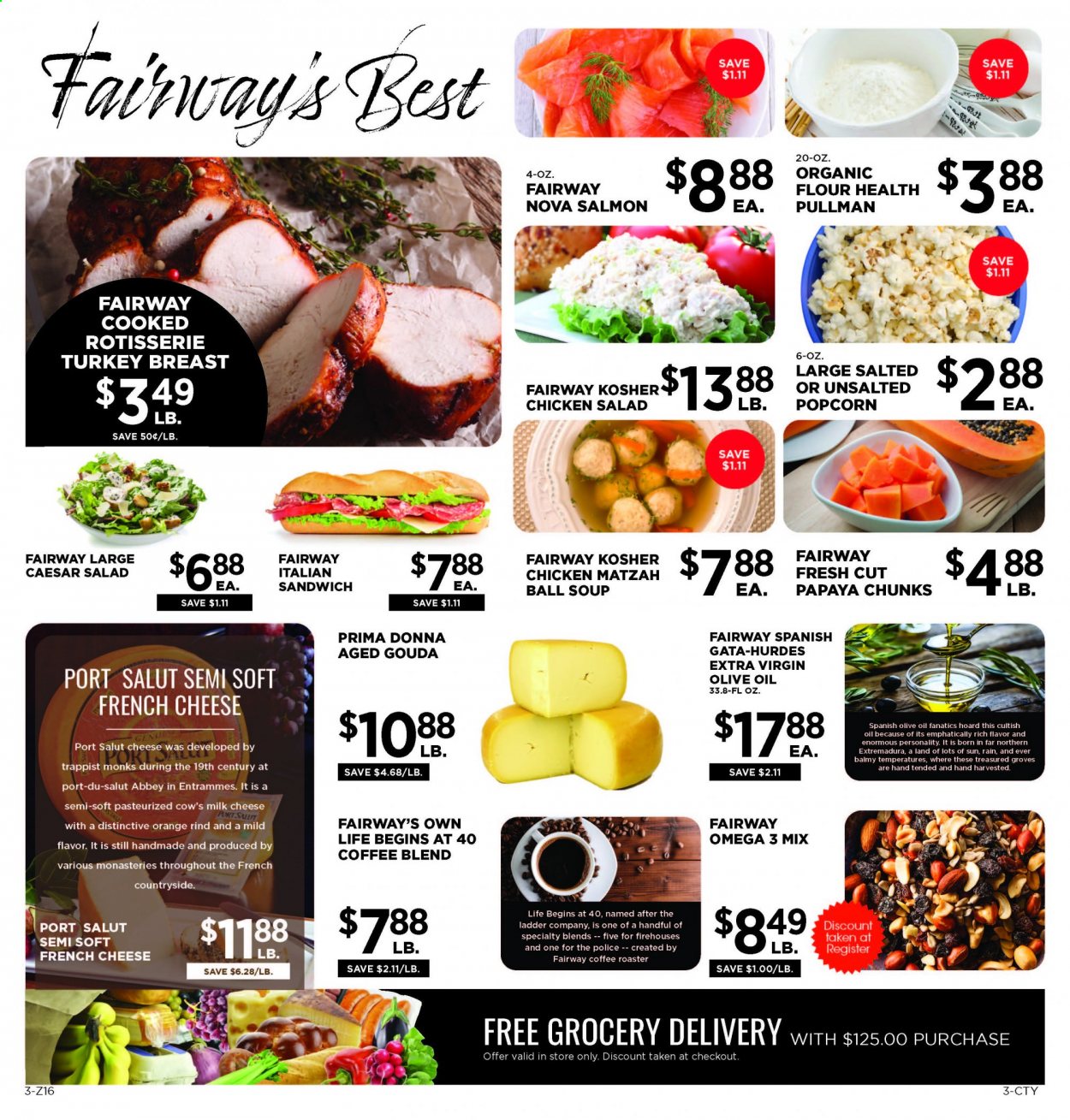 thumbnail - Fairway Market Flyer - 01/08/2021 - 01/14/2021 - Sales products - papaya, oranges, salmon, sandwich, soup, salad, chicken salad, gouda, cheese, milk, popcorn, flour, extra virgin olive oil, olive oil, coffee, turkey breast. Page 3.