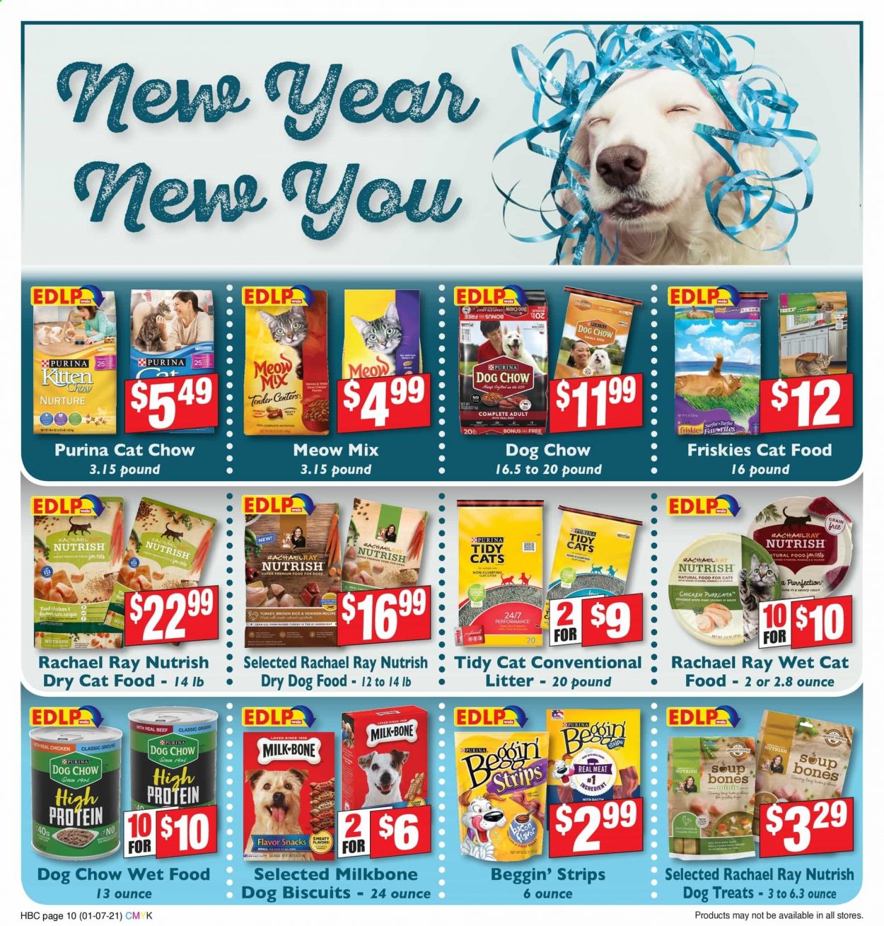 thumbnail - Weis Flyer - 01/07/2021 - 02/04/2021 - Sales products - tuna, soup, sauce, bacon, milk, strips, chicken strips, snack, brown rice, rice, animal food, cat food, dog food, Dog Chow, Purina, dog biscuits, dry dog food, dry cat food, Meow Mix, Beggin', Friskies, Nutrish. Page 10.