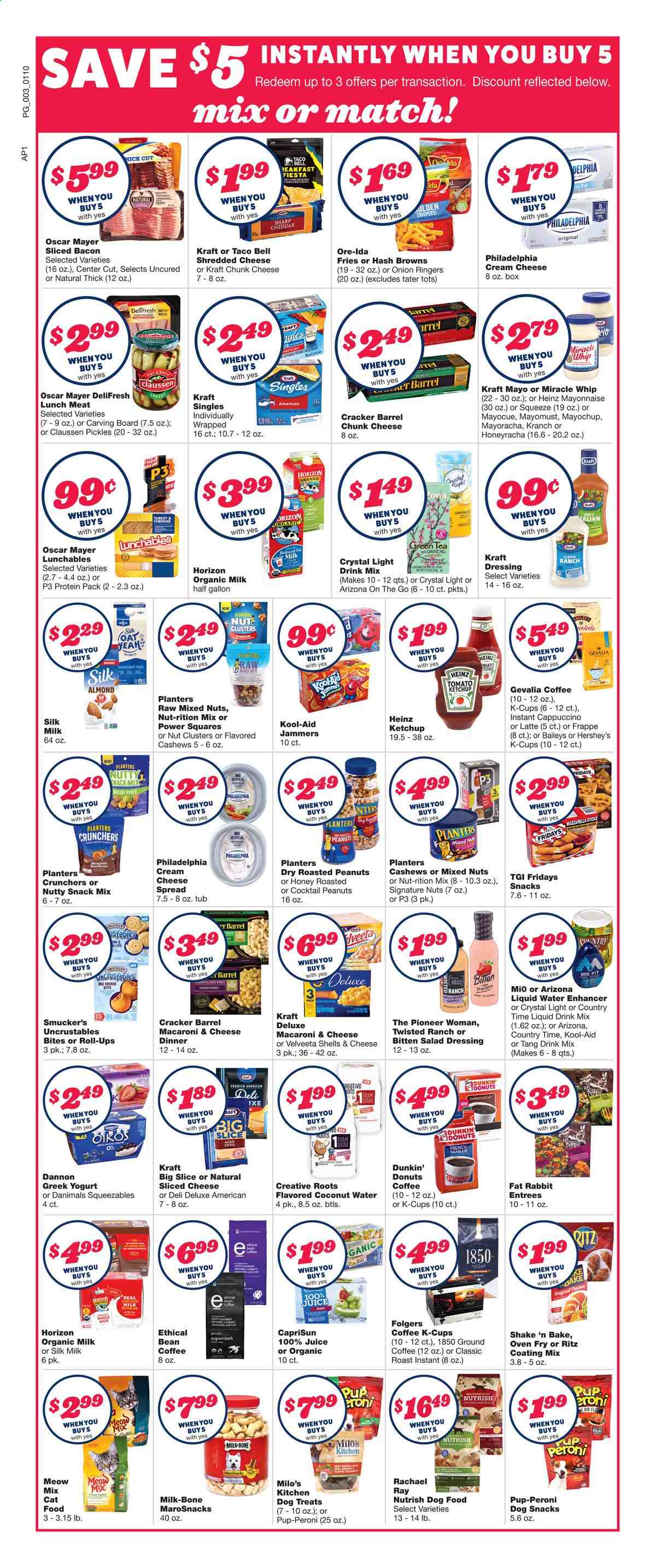 thumbnail - Family Fare Flyer - 01/10/2021 - 01/16/2021 - Sales products - pickles, donut, cream cheese, macaroni & cheese, hash browns, Lunchables, Kraft®, bacon, Oscar Mayer, cheese spread, lunch meat, mozzarella, sandwich slices, shredded cheese, sliced cheese, Philadelphia, cheddar, Kraft Singles, chunk cheese, greek yoghurt, yoghurt, Oikos, Dannon, Danimals, organic milk, shake, mayonnaise, Miracle Whip, Hershey's, potato fries, Ore-Ida, crackers, RITZ, snack, oats, Heinz, wasabi, salad dressing, ketchup, dressing, honey, cashews, roasted peanuts, peanuts, mixed nuts, Planters, juice, coconut water, AriZona, Milo's, Country Time, green tea, tea, cappuccino, coffee, Folgers, ground coffee, coffee capsules, K-Cups, Gevalia, Baileys, Sharp. Page 4.