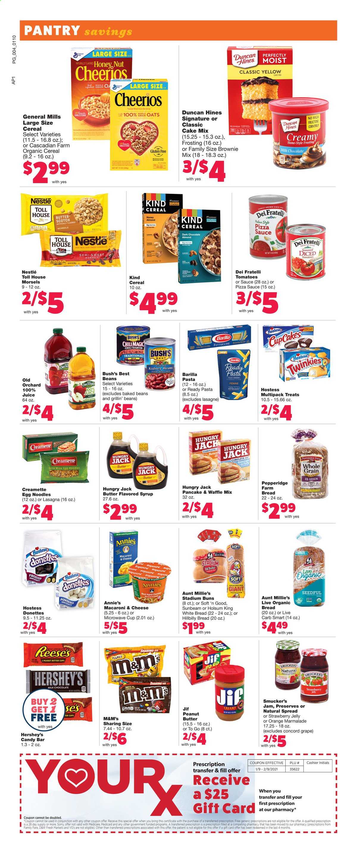 thumbnail - Family Fare Flyer - 01/10/2021 - 01/16/2021 - Sales products - bread, white bread, brownie mix, cake mix, pancakes, buns, oranges, macaroni & cheese, pizza, Barilla, Annie's, cheddar, jelly, Reese's, Hershey's, beans, corn, milk chocolate, Nestlé, chocolate, M&M's, dark chocolate, peanut butter cups, frosting, oats, kidney beans, baked beans, cereals, Cheerios, lasagne sheets, egg noodles, pasta, noodles, penne, Creamette, honey, fruit jam, syrup, Jif, almonds, juice, Ron Pelicano, Sunbeam. Page 6.