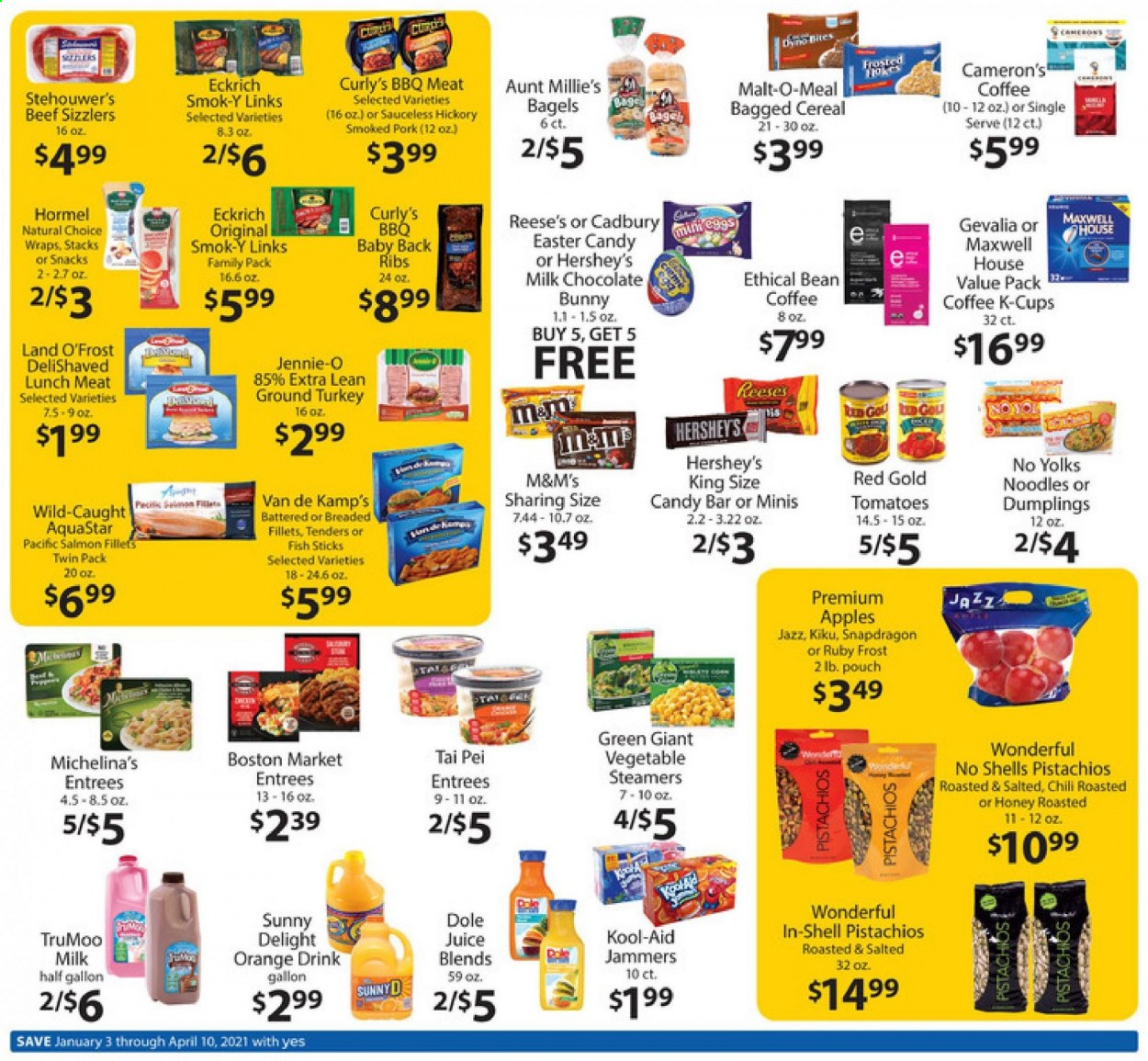 thumbnail - Family Fare Flyer - 01/03/2021 - 04/10/2021 - Sales products - bagels, bread, wraps, tomatoes, Dole, apples, oranges, salmon, salmon fillet, fish fingers, Van de Kamp's, fish sticks, dumplings, noodles, Hormel, lunch meat, Reese's, Hershey's, milk chocolate, chocolate, M&M's, Cadbury, chocolate bunny, snack, malt, cereals, pistachios, juice, Maxwell House, coffee, coffee capsules, K-Cups, Gevalia, ground turkey, pork meat, pork back ribs. Page 2.