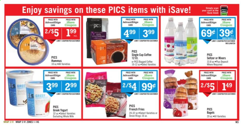 thumbnail - Price Chopper Flyer - 01/10/2021 - 01/16/2021 - Sales products - bagels, hummus, greek yoghurt, yoghurt, potato fries, french fries, seltzer water, bagged coffee. Page 19.