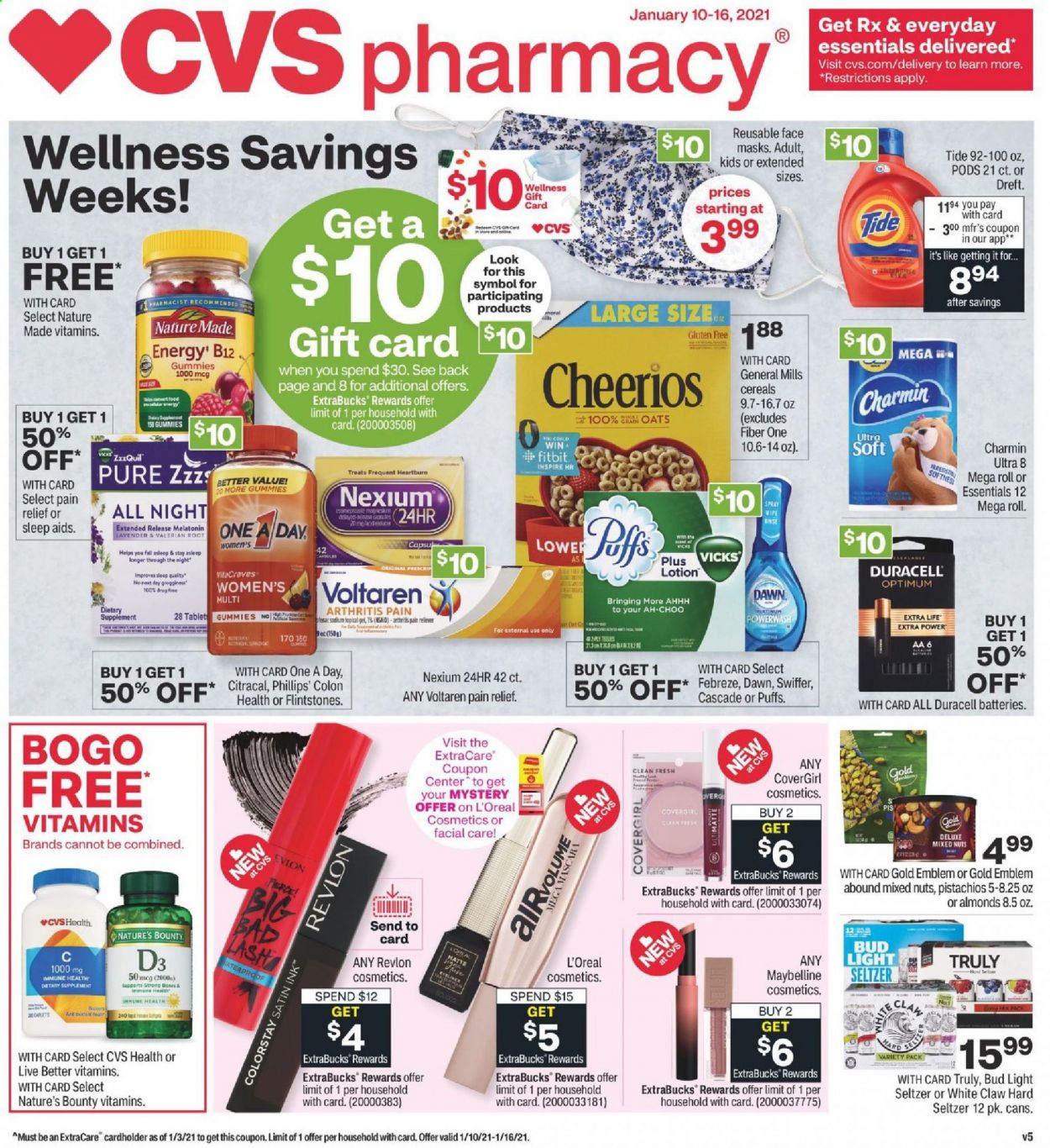 thumbnail - CVS Pharmacy Flyer - 01/10/2021 - 01/16/2021 - Sales products - Bounty, cereals, Cheerios, oats, Fiber One, almonds, pistachios, mixed nuts, seltzer water, White Claw, Hard Seltzer, TRULY, Charmin, Febreze, Swiffer, Cascade, Tide, L’Oréal, Revlon, Maybelline, Vicks, battery, Duracell, Optimum, pain relief, magnesium, Melatonin, Nature Made, Nature's Bounty, ZzzQuil, Nexium, vitamin D3, dietary supplement, beer, Bud Light. Page 1.