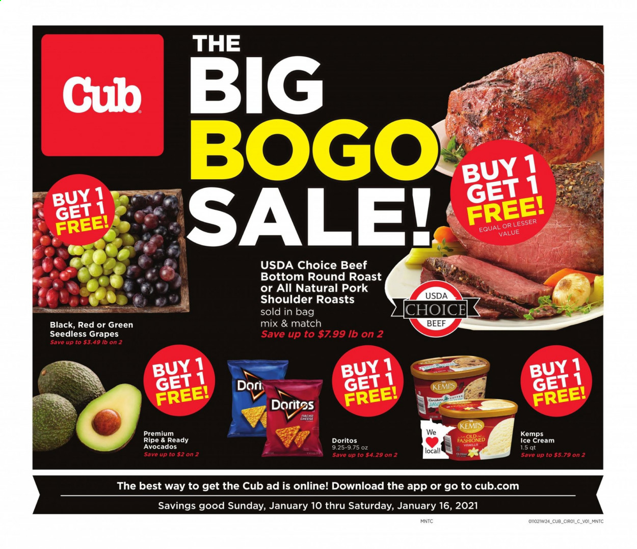 thumbnail - Cub Foods Flyer - 01/10/2021 - 01/16/2021 - Sales products - seedless grapes, cheese, Kemps, ice cream, Doritos, beef meat, round roast, pork meat, pork shoulder. Page 1.