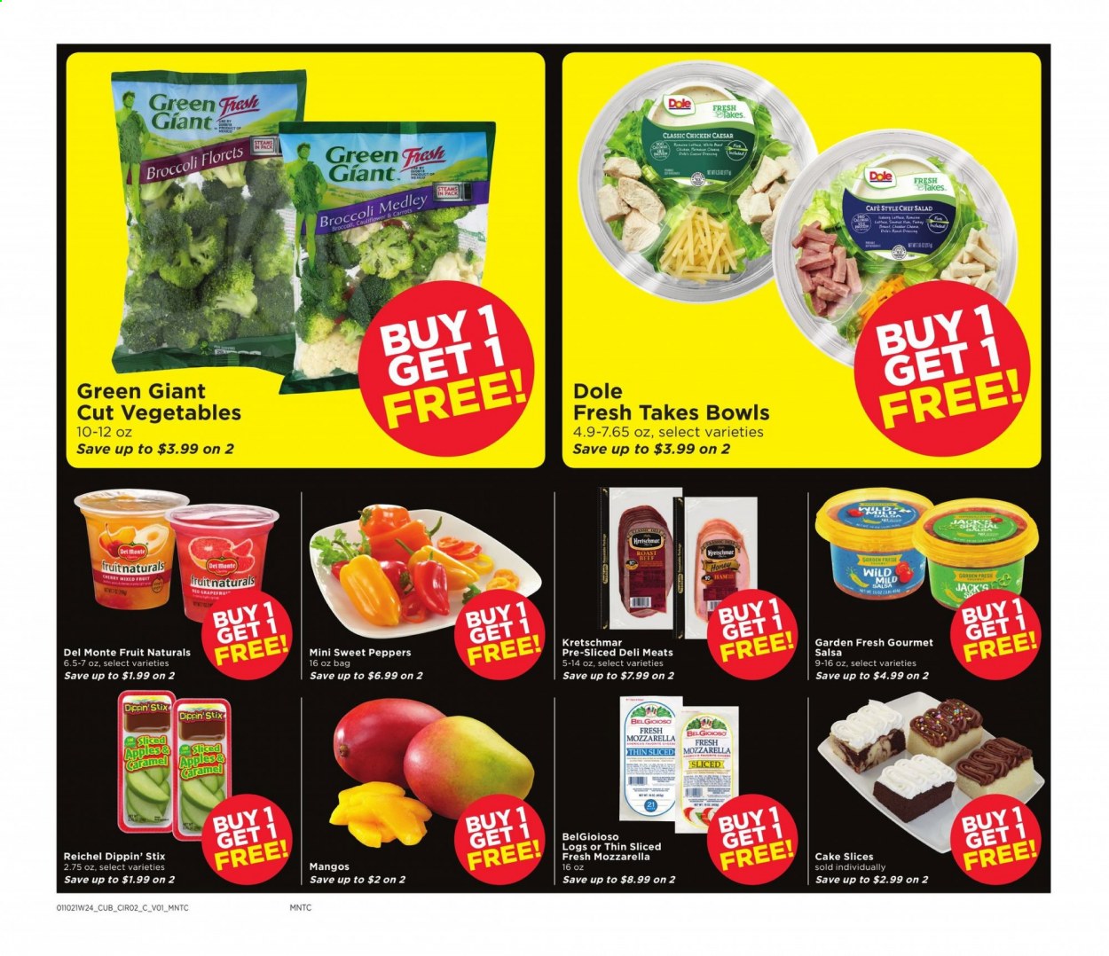 thumbnail - Cub Foods Flyer - 01/10/2021 - 01/16/2021 - Sales products - sweet peppers, Dole, cake, apples, salad, ham, mozzarella, cheese, ranch dressing, salsa, carrots, mango, caramel, dressing, honey, beef meat, roast beef. Page 2.
