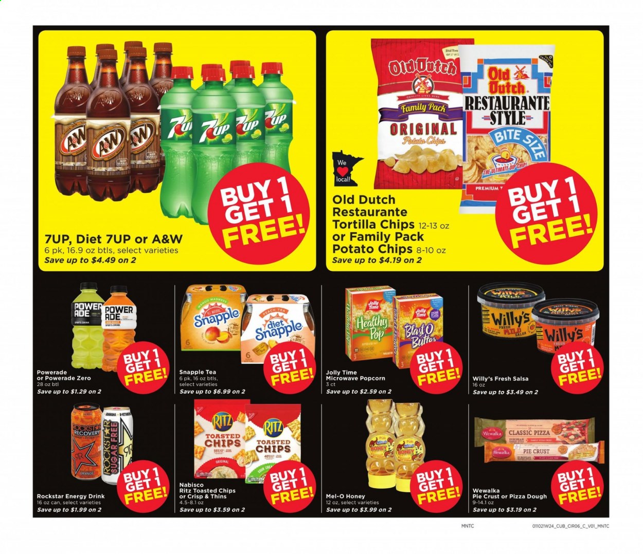 thumbnail - Cub Foods Flyer - 01/10/2021 - 01/16/2021 - Sales products - pie, oranges, salsa, dip, pizza dough, mango, RITZ, tortilla chips, potato chips, chips, Thins, popcorn, pie crust, honey, Powerade, energy drink, 7UP, Snapple, A&W, Rockstar, tea, beer. Page 6.