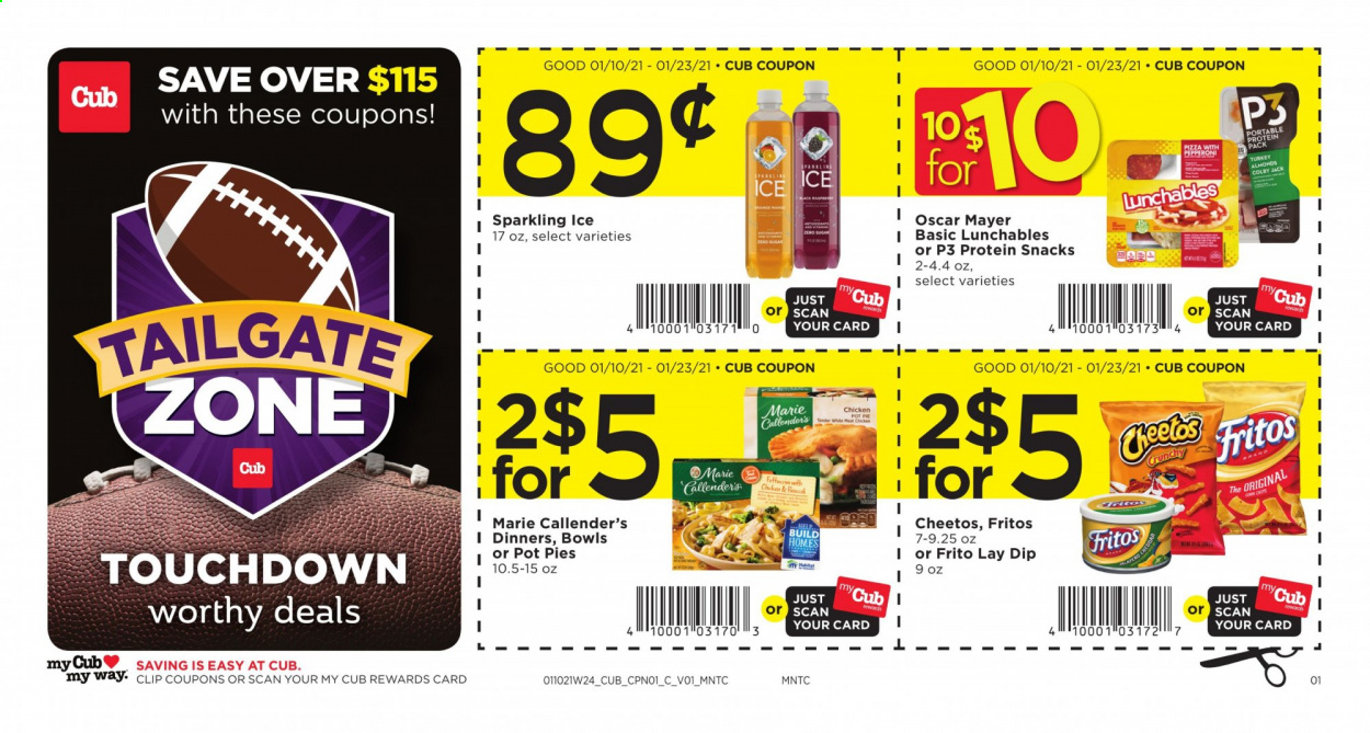 thumbnail - Cub Foods Flyer - 01/10/2021 - 01/23/2021 - Sales products - pot pie, pie, pizza, Marie Callender's, Lunchables, Oscar Mayer, pepperoni, Colby cheese, dip, Cheetos, snack, Fritos. Page 1.