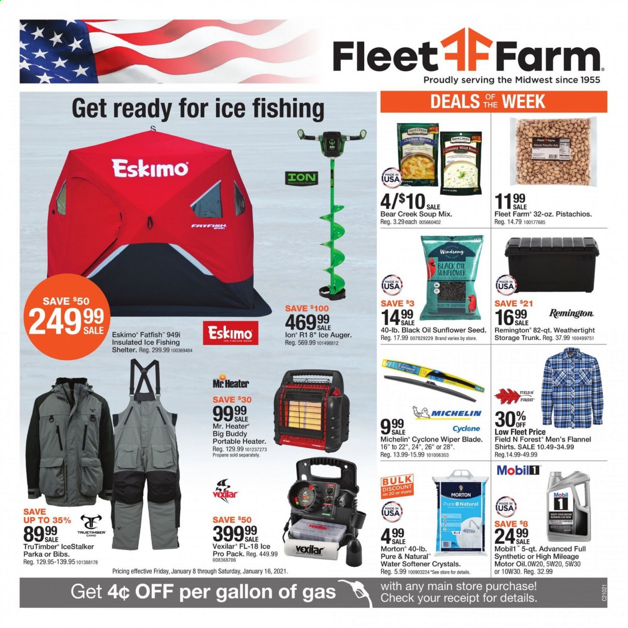 thumbnail - Fleet Farm Flyer - 01/08/2021 - 01/16/2021 - Sales products - soup, rice, noodles, pistachios, sunflower seeds, fabric softener, parka, shirt, Remington, ice fishing, ice shelter, heater, ice auger, plant seeds, Michelin. Page 1.