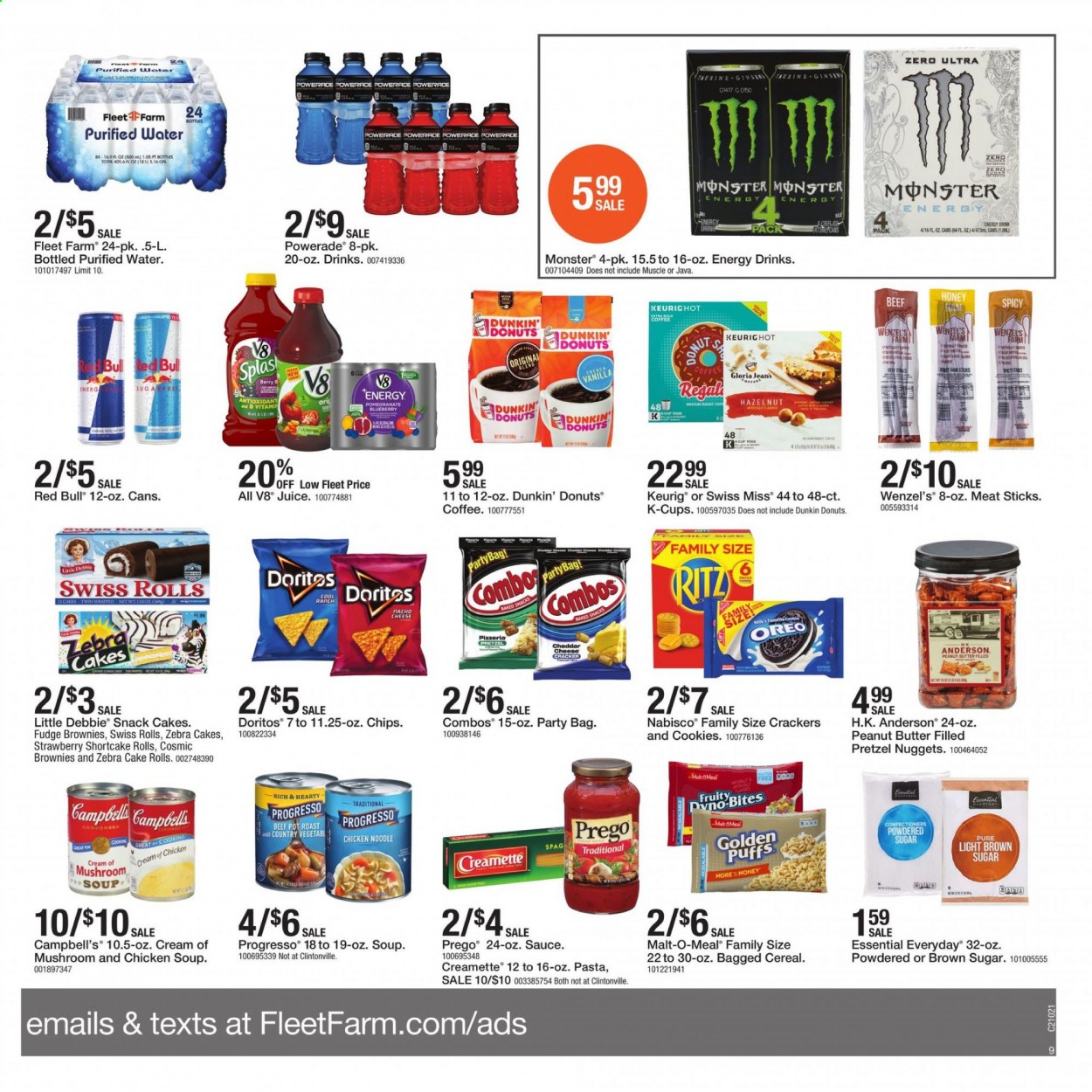thumbnail - Fleet Farm Flyer - 01/08/2021 - 01/16/2021 - Sales products - pretzels, puffs, cake, brownies, donut, Dunkin' Donuts, cookies, fudge, Oreo, crackers, Swiss Miss, RITZ, Doritos, chips, snack, icing sugar, malt, soup, Progresso, cereals, pasta, noodles, Creamette, Campbell's, peanut butter, Powerade, juice, energy drink, Monster, Red Bull, purified water, coffee, coffee capsules, K-Cups, Keurig, pot, bag. Page 9.