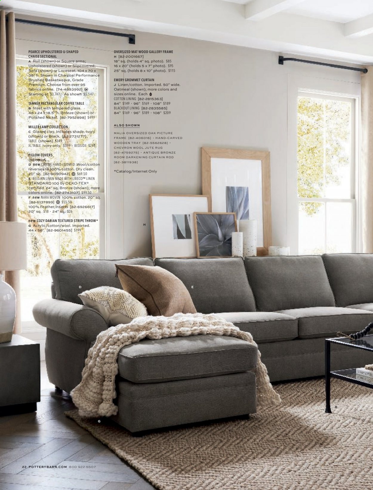 thumbnail - Pottery Barn Flyer - Sales products - table, loveseat, sofa, coffee table, pillow cover, curtain, lamp, rug. Page 22.