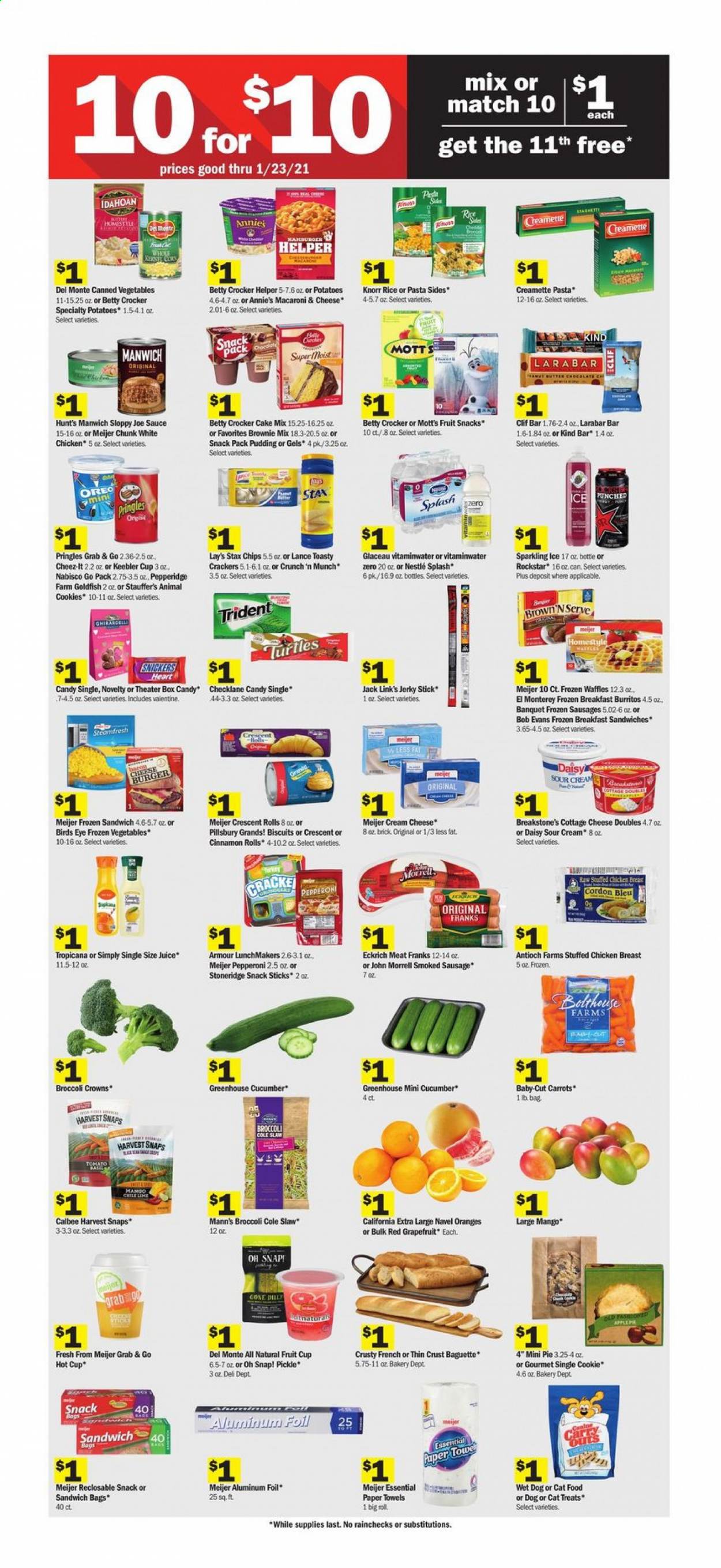thumbnail - Meijer Flyer - 01/10/2021 - 01/16/2021 - Sales products - baguette, brownie mix, cake mix, cinnamon roll, crescent rolls, pie, waffles, oranges, cream cheese, macaroni & cheese, sandwich, hamburger, Knorr, sauce, Pillsbury, Bird's Eye, Annie's, pasta sides, Bob Evans, stuffed chicken, bacon, jerky, sausage, smoked sausage, pepperoni, cottage cheese, pudding, Oreo, sour cream, carrots, frozen vegetables, mango, cordon bleu, cookies, Nestlé, Snickers, crackers, biscuit, Trident, fruit snack, Ghirardelli, Keebler, Pringles, Lay’s, Goldfish, Cheez-It, Harvest Snaps, Jack Link's, cucumber, canned vegetables, Manwich, pasta, Creamette, juice, Mott's, Rockstar, chicken breasts, kitchen towels, paper towels, aluminium foil, animal food, cat food, Apple. Page 2.