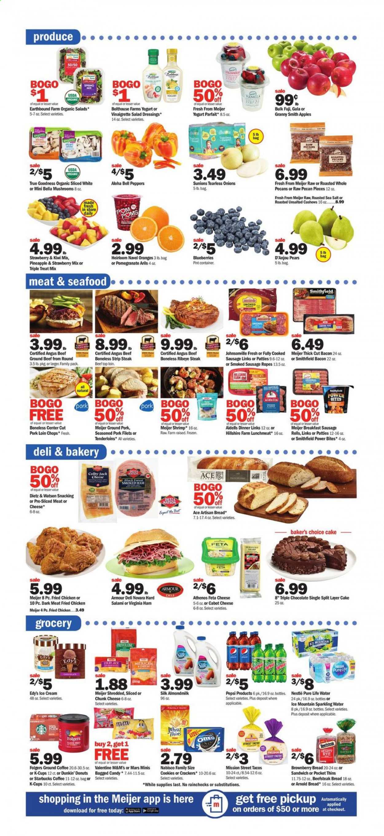 thumbnail - Meijer Flyer - 01/10/2021 - 01/16/2021 - Sales products - mushrooms, blueberries, bread, sausage rolls, tacos, cake, donut, Dunkin' Donuts, apples, pears, oranges, northern pike, seafood, shrimps, sandwich, fried chicken, bacon, salami, ham, Hillshire Farm, smoked ham, virginia ham, Dietz & Watson, sausage, smoked sausage, lunch meat, Colby cheese, feta, chunk cheese, Oreo, yoghurt, almond milk, Silk, bell peppers, cookies, Nestlé, chocolate, Mars, M&M's, crackers, Thins, sea salt, salad dressing, vinaigrette dressing, cashews, pecans, Pepsi, sparkling water, Pure Life Water, Ice Mountain, coffee, Starbucks, Folgers, ground coffee, coffee capsules, K-Cups, beef meat, beef steak, ground beef, steak, ribeye steak, striploin steak, ground pork, pork loin, pork meat, Bella, Ace. Page 3.