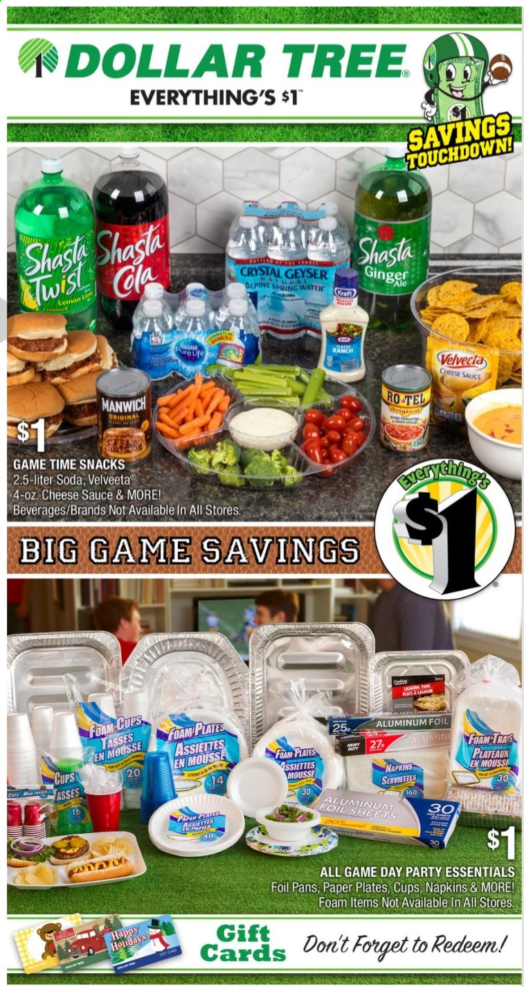 thumbnail - Dollar Tree Flyer - 01/10/2021 - 01/23/2021 - Sales products - Kraft®, cheese, snack, Manwich, lasagne sheets, soda, spring water, napkins, plate, cup, aluminium foil, paper, paper plate, foam plates. Page 1.