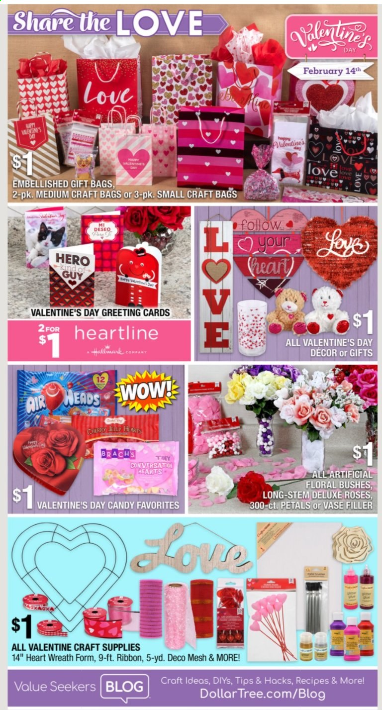 thumbnail - Dollar Tree Flyer - 01/10/2021 - 01/23/2021 - Sales products - valentine crafts, craft supplies, ribbon, wreath, vase, bag, rose. Page 5.
