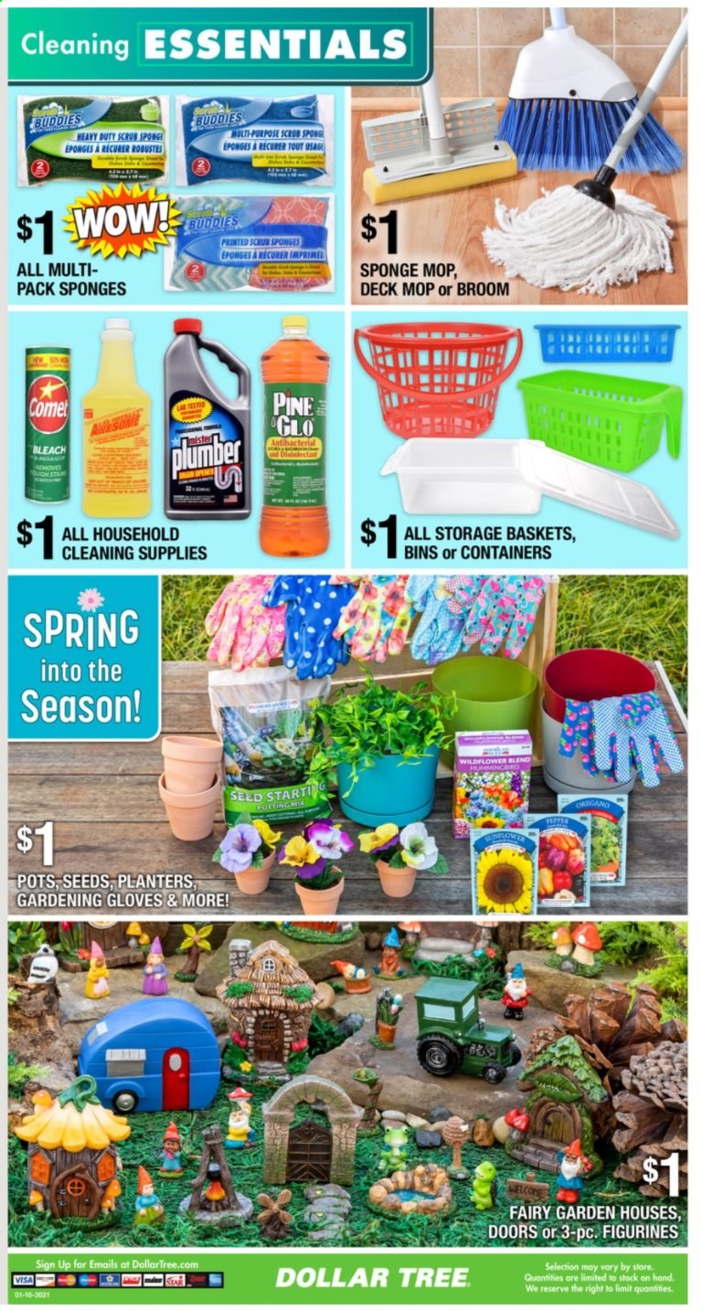 thumbnail - Dollar Tree Flyer - 01/10/2021 - 01/23/2021 - Sales products - Planters, Fairy, bleach, basket, sponge, mop, broom, pot, gloves, plant seeds. Page 8.