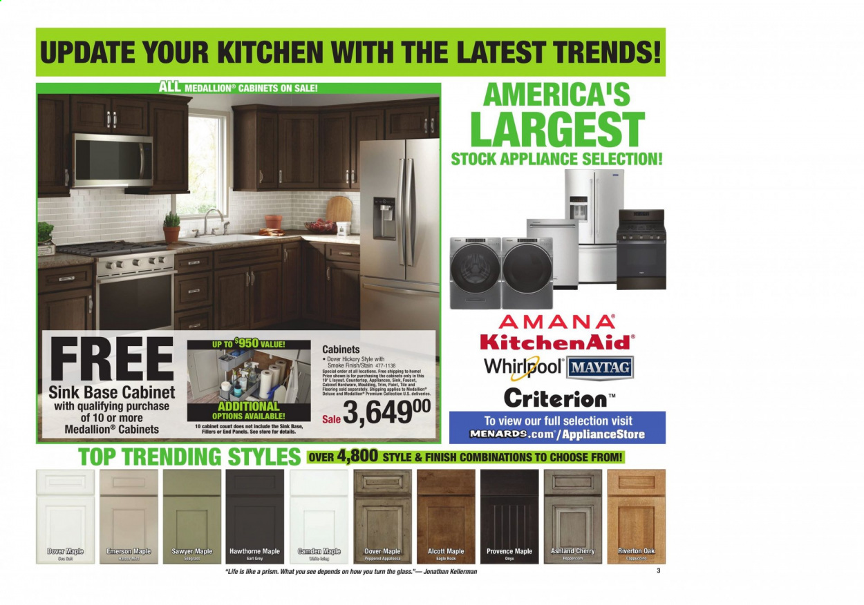 thumbnail - Menards Flyer - 01/10/2021 - 01/16/2021 - Sales products - faucet, KitchenAid, cabinet, flooring, moulding. Page 3.