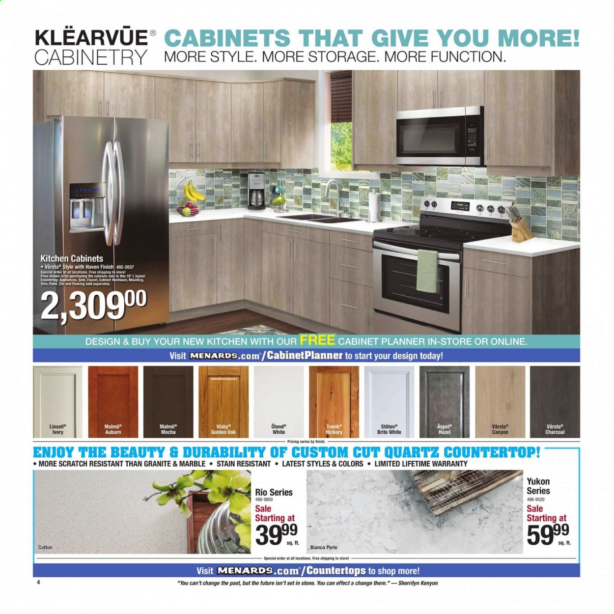 thumbnail - Menards Flyer - 01/03/2021 - 01/16/2021 - Sales products - faucet, kitchen cabinet, cabinet, charcoal, flooring, moulding. Page 4.