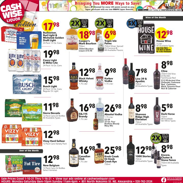 thumbnail - Cash Wise Liquor Only Flyer - 01/10/2021 - 01/16/2021 - Sales products - Budweiser, Miller Lite, Coors, Michelob, coconut, Four Brothers, seltzer water, Cabernet Sauvignon, wine, Pinot Noir, bourbon, brandy, vodka, liquor, Absolut, Hard Seltzer, bourbon whiskey, whisky, beer, Busch, Bud Light. Page 1.