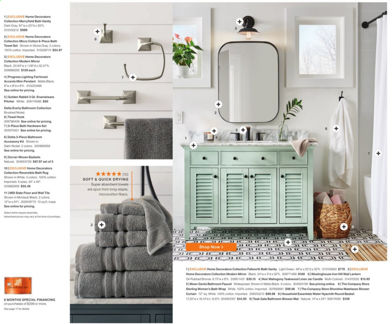 thumbnail - The Home Depot Flyer - 01/11/2021 - 02/07/2021 - Sales products - basket, hook, shower curtain, pitcher, satin sheets, curtain, bath towel, towel, vanity, mirror, lantern, vanity lights, rug. Page 12.