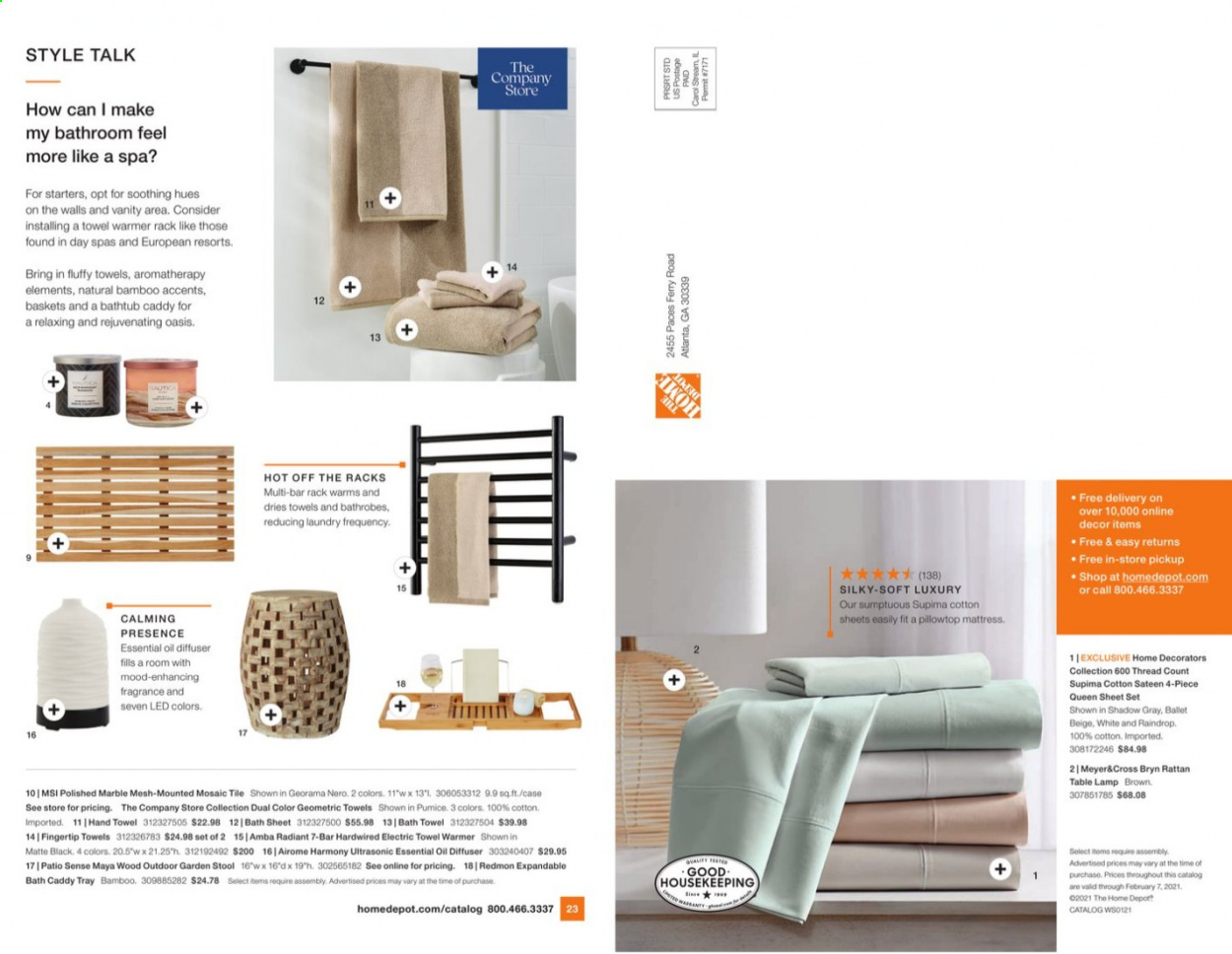 thumbnail - The Home Depot Flyer - 01/11/2021 - 02/07/2021 - Sales products - basket, tray, queen sheet, satin sheets, bath towel, towel, hand towel, bath caddy, stool, mattress, vanity, lamp, table lamp. Page 13.