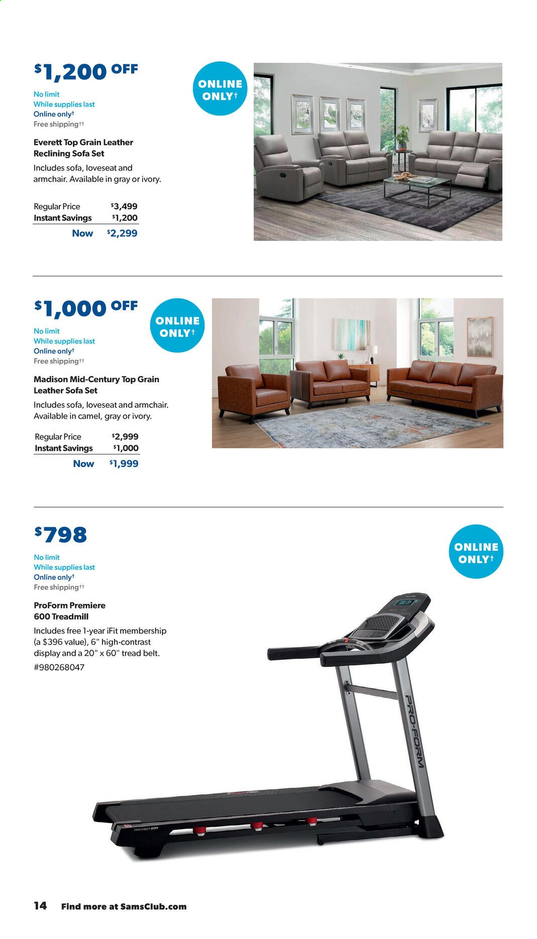 thumbnail - Sam's Club Flyer - 01/06/2021 - 01/24/2021 - Sales products - arm chair, leather sofa, loveseat, sofa, Camel, PREMIERE, belt, treadmill, ProForm. Page 14.