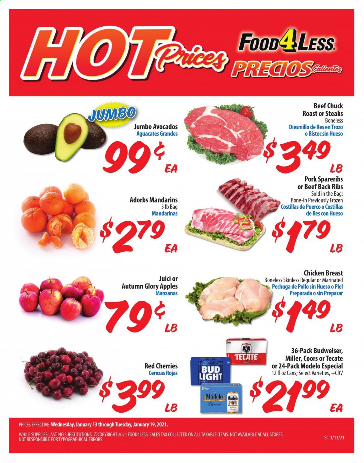 thumbnail - Food 4 Less Flyer - 01/13/2021 - 01/19/2021 - Sales products - Budweiser, Coors, apples, mandarines, beer, Bud Light, Miller, Modelo, chicken breasts, beef meat, steak, chuck roast, pork spare ribs. Page 1.