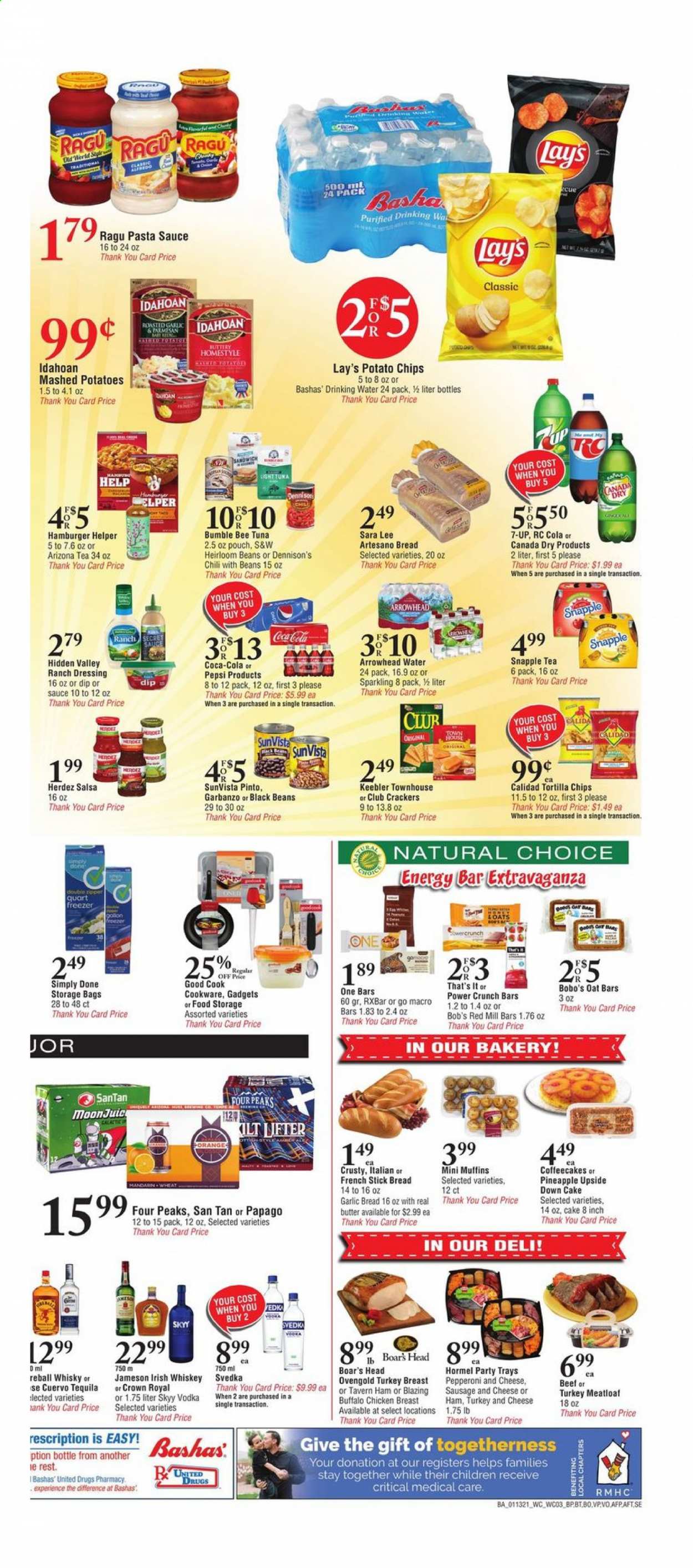 thumbnail - Bashas' Flyer - 01/13/2021 - 01/19/2021 - Sales products - bread, Sara Lee, cake, muffin, coffee cake, tuna, mashed potatoes, sandwich, meatloaf, Hormel, sausage, pepperoni, parmesan, butter, ranch dressing, salsa, dip, beans, crackers, Keebler, tortilla chips, potato chips, chips, Lay’s, black beans, pasta sauce, dressing, ragu, honey, Canada Dry, Coca-Cola, Pepsi, 7UP, AriZona, Snapple, tea, tequila, vodka, whiskey, irish whiskey, Jameson, SKYY, whisky, turkey breast, chicken breasts. Page 3.