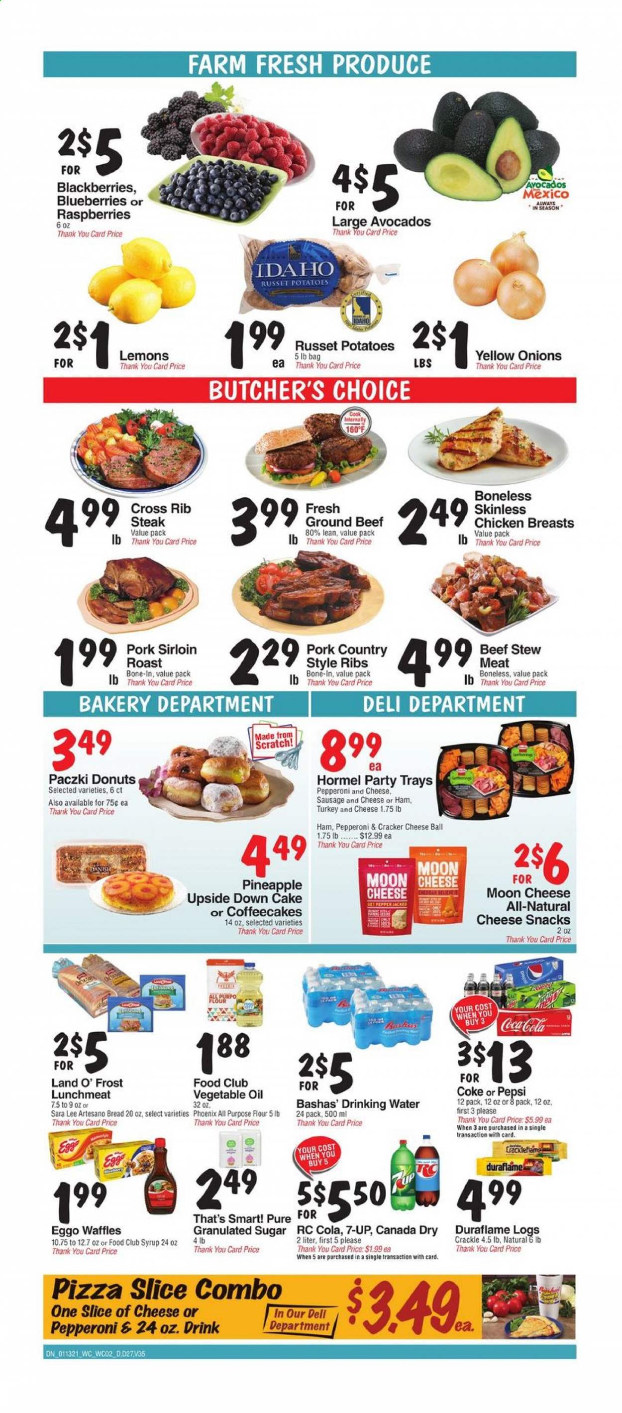 thumbnail - Bashas' Diné Markets Flyer - 01/13/2021 - 01/19/2021 - Sales products - stew meat, blackberries, blueberries, raspberries, bread, Sara Lee, cake, donut, waffles, coffee cake, danish pastry, paczki, pizza, Hormel, sausage, pepperoni, lunch meat, crackers, snack, all purpose flour, flour, granulated sugar, sugar, vegetable oil, syrup, Canada Dry, Coca-Cola, Pepsi, 7UP, chicken breasts, beef meat, ground beef, steak, pork loin, avocado, pineapple. Page 2.