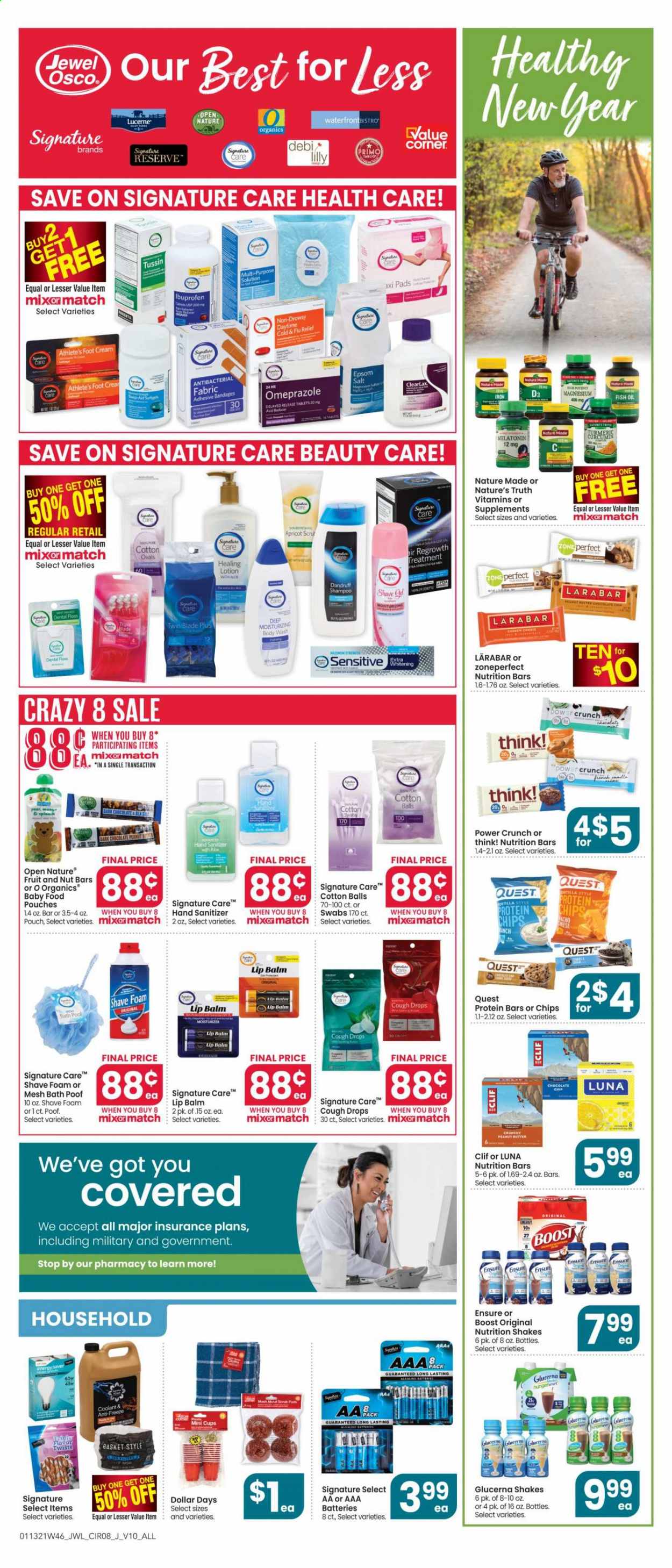 thumbnail - Jewel Osco Flyer - 01/13/2021 - 01/19/2021 - Sales products - pears, cheese, shake, mango, dark chocolate, chips, salt, nutrition bar, protein bar, nut bar, Zone Perfect, turmeric, fish oil, peanut butter, Boost, Illy, cotton balls, Rin, shampoo, lip balm, moisturizer, body lotion, hand sanitizer, basket, plate, cup, Cold & Flu, magnesium, Melatonin, Nature Made, Nature's Truth, Ibuprofen, Glucerna, vitamin D3, cough drops. Page 8.