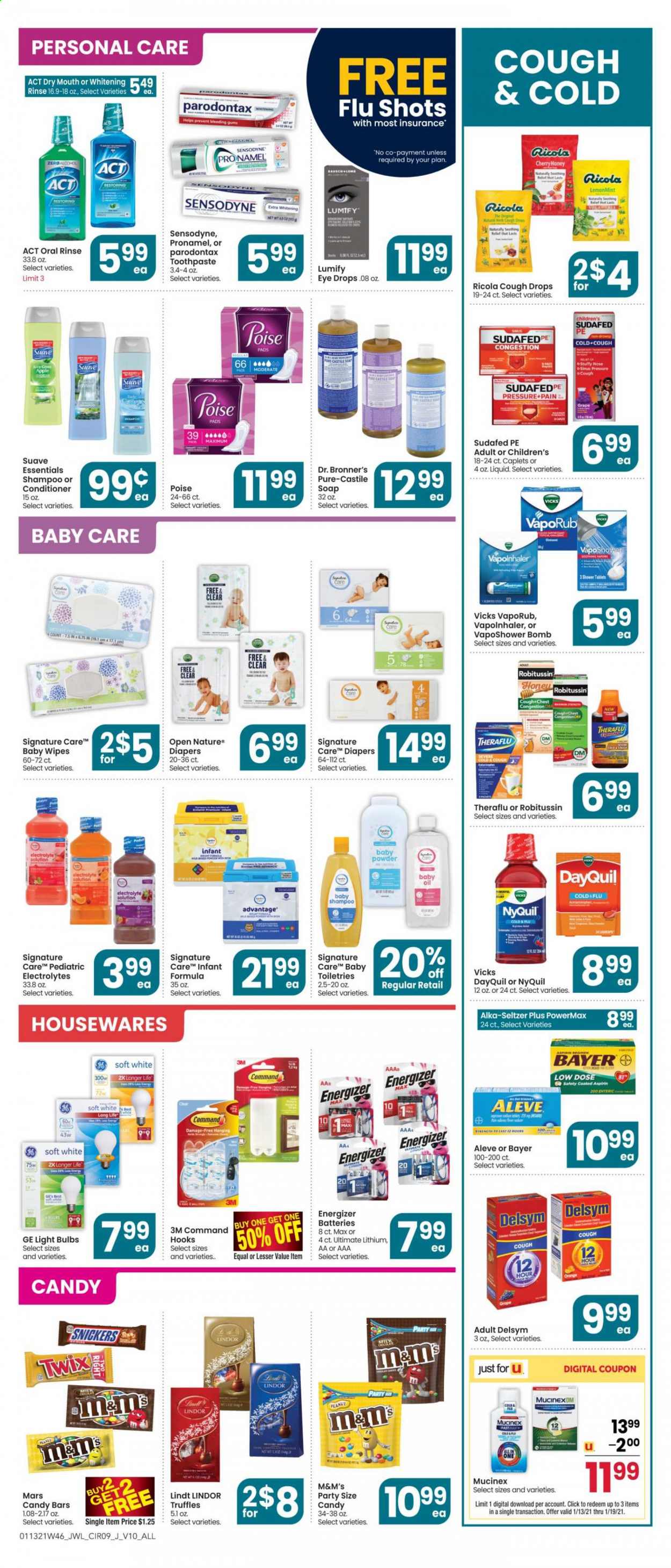 thumbnail - Jewel Osco Flyer - 01/13/2021 - 01/19/2021 - Sales products - milk, ricola, Lindt, Lindor, Snickers, Twix, Mars, truffles, M&M's, herbs, peanuts, seltzer water, baby wipes, baby powder, baby oil, wipes, shampoo, Suave, soap, toothpaste, Sensodyne, conditioner, Vicks, hook, Aleve, Clear Care, DayQuil, Delsym, Cold & Flu, Mucinex, Robitussin, Sudafed, Theraflu, NyQuil, Lumify, eye drops, Alka-seltzer, VapoRub, cough drops, Low Dose, aspirin, Bayer. Page 9.
