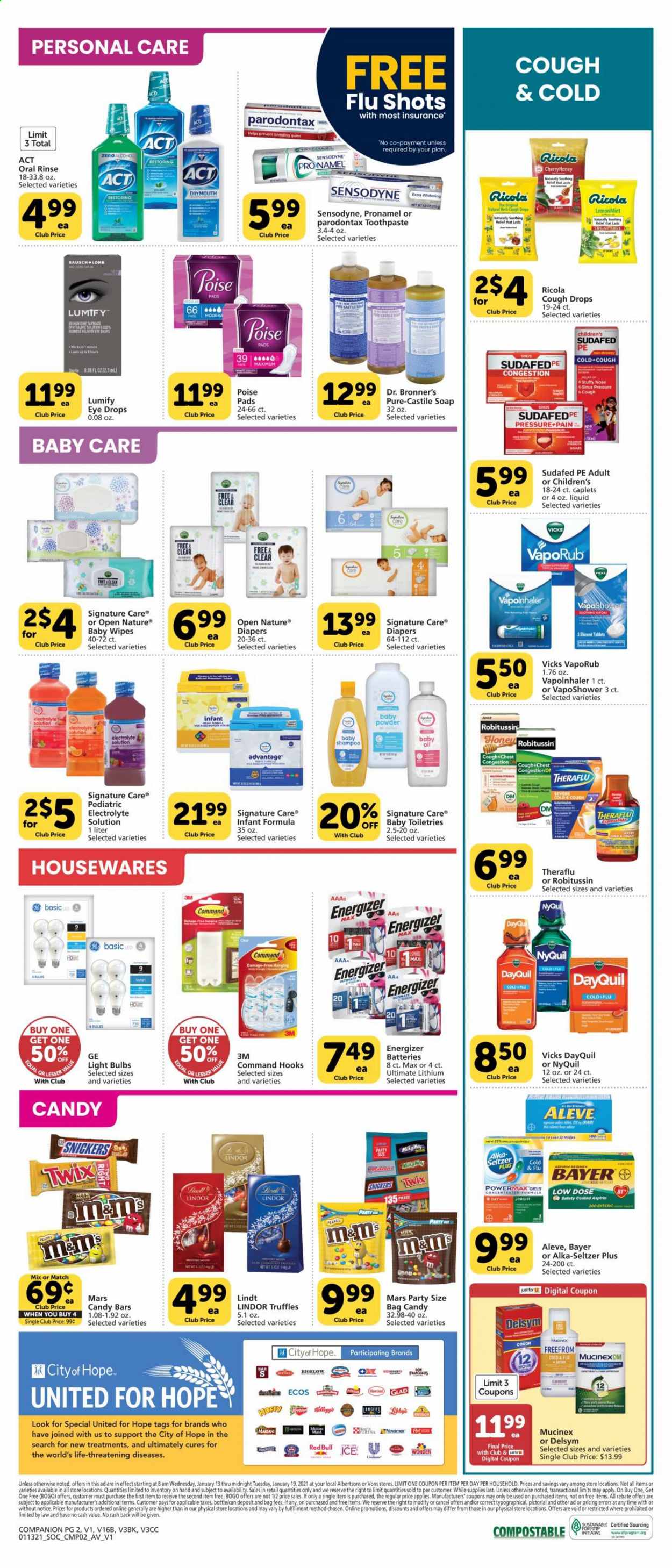 thumbnail - Vons Flyer - 01/13/2021 - 01/19/2021 - Sales products - ricola, Lindt, Lindor, Milky Way, Snickers, Twix, Mars, truffles, herbs, Red Bull, seltzer water, baby wipes, wipes, shampoo, soap, toothpaste, Sensodyne, Vicks, battery, bulb, Energizer, light bulb, Aleve, DayQuil, Delsym, Cold & Flu, Mucinex, Robitussin, Sudafed, Theraflu, NyQuil, Lumify, eye drops, Alka-seltzer, VapoRub, cough drops, Low Dose, aspirin, Bayer. Page 6.