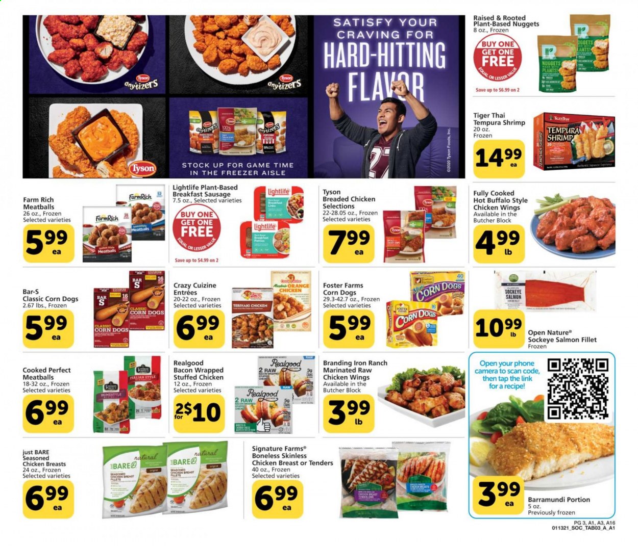 thumbnail - Albertsons Flyer - 01/13/2021 - 02/02/2021 - Sales products - oranges, barramundi, salmon, salmon fillet, shrimps, meatballs, nuggets, fried chicken, stuffed chicken, bacon, sausage, corn, chicken wings, teriyaki sauce, honey, chicken breasts. Page 3.
