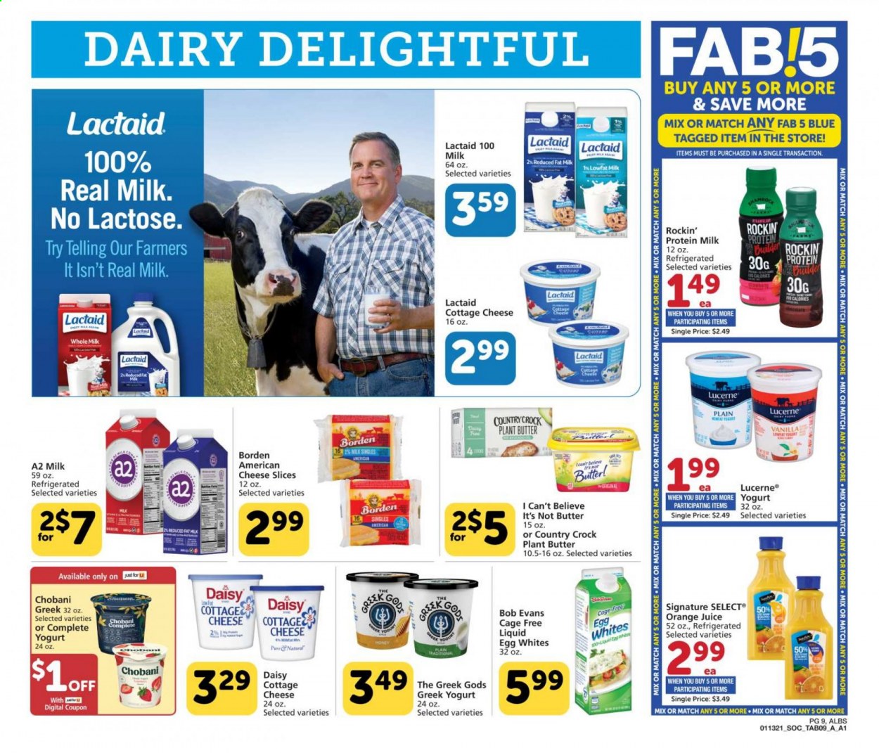 thumbnail - Albertsons Flyer - 01/13/2021 - 02/02/2021 - Sales products - Bob Evans, american cheese, cottage cheese, Lactaid, sliced cheese, cheese, greek yoghurt, yoghurt, Chobani, milk, eggs, cage free eggs, butter, I Can't Believe It's Not Butter, orange juice, juice. Page 9.