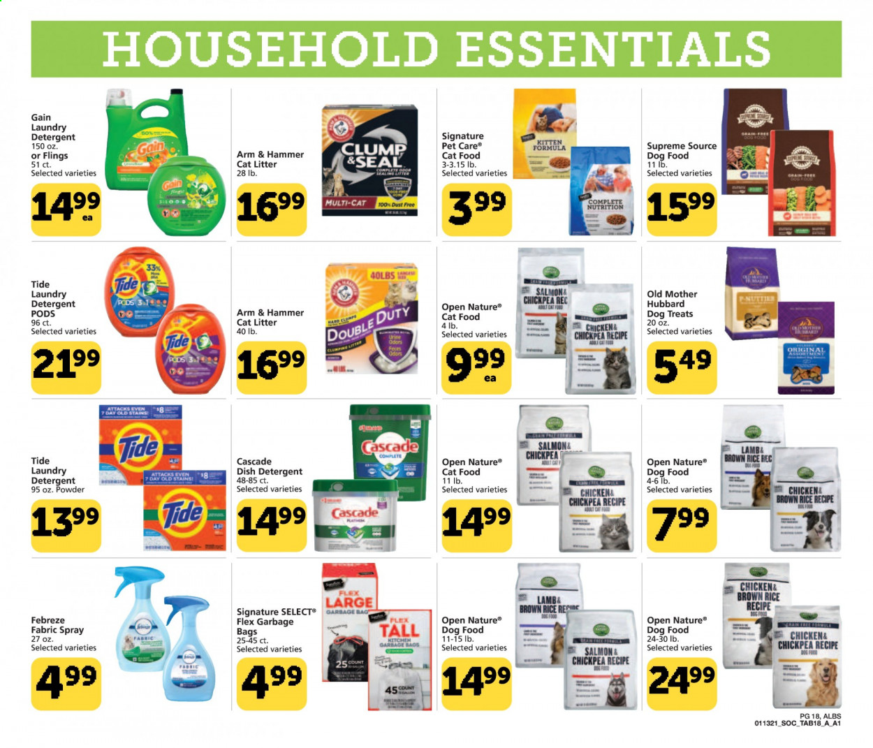 thumbnail - Albertsons Flyer - 01/13/2021 - 02/02/2021 - Sales products - salmon, ARM & HAMMER, brown rice, detergent, Febreze, Gain, Cascade, Tide, laundry detergent, cat litter, animal food, cat food, dog food. Page 18.
