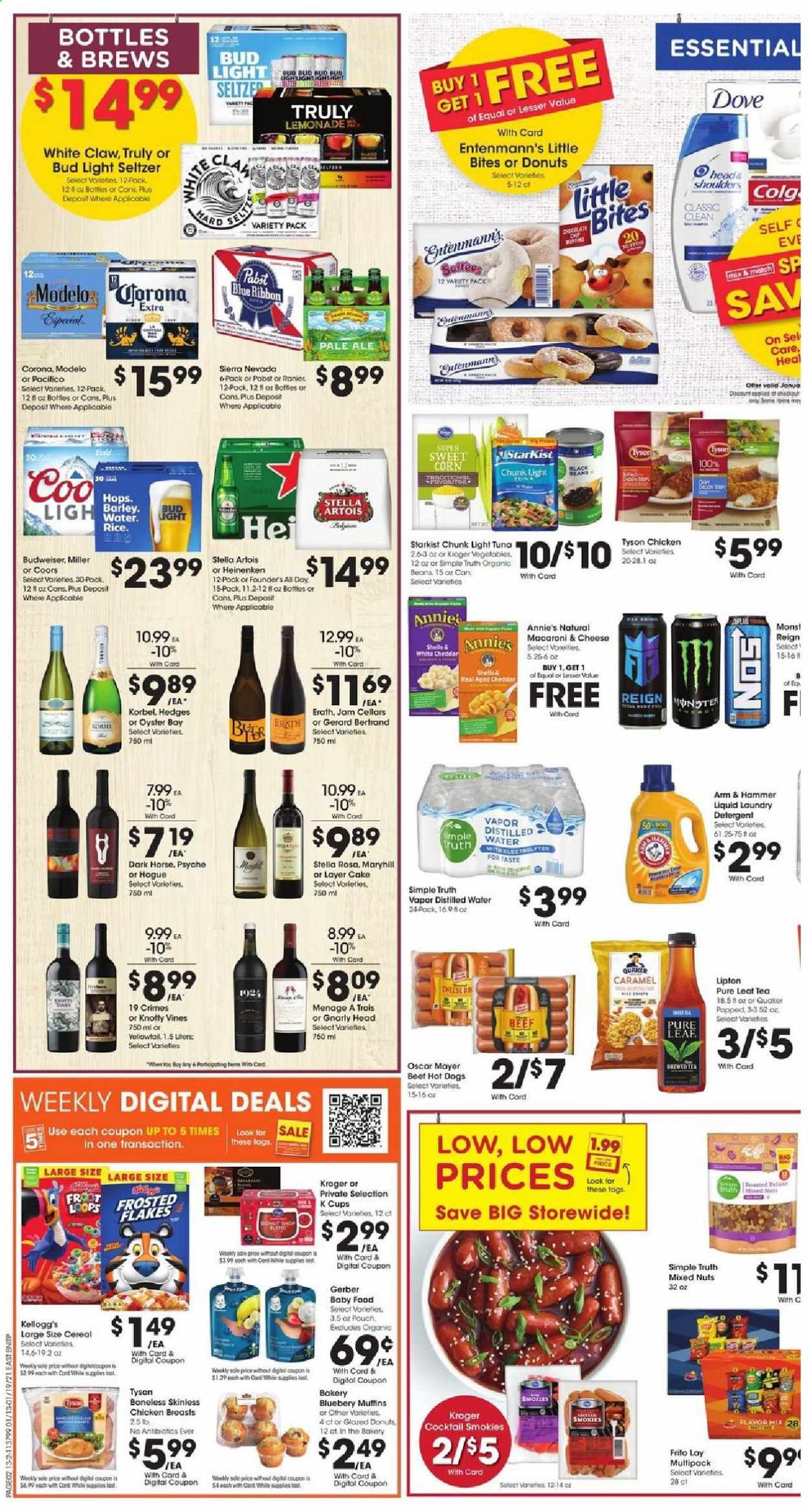 thumbnail - Fred Meyer Flyer - 01/13/2021 - 01/19/2021 - Sales products - Budweiser, Stella Artois, Coors, Blue Ribbon, cake, donut, muffin, Entenmann's, Little Bites, tuna, yellowtail, StarKist, macaroni & cheese, hot dog, Quaker, Annie's, Oscar Mayer, cheddar, beans, corn, sweet corn, Kellogg's, Gerber, ARM & HAMMER, light tuna, cereals, Frosted Flakes, black beans, rice, caramel, fruit jam, mixed nuts, lemonade, Monster, Lipton, seltzer water, tea, Pure Leaf, coffee capsules, K-Cups, White Claw, TRULY, beer, Bud Light, Corona Extra, Miller, Modelo, chicken breasts, Dove, detergent, laundry detergent, cup, distilled water. Page 2.