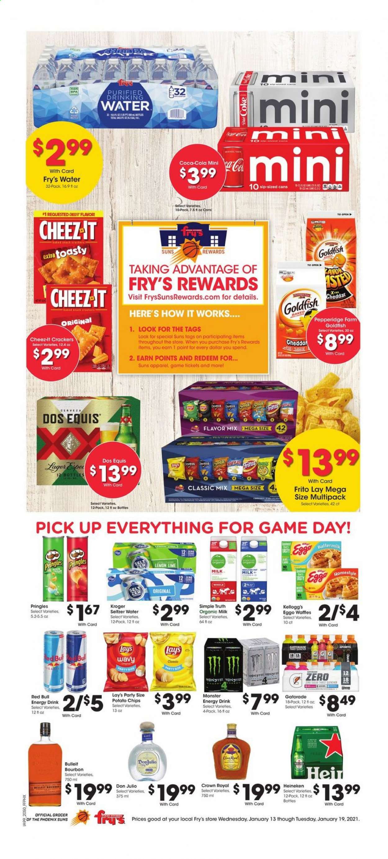 thumbnail - Fry’s Flyer - 01/13/2021 - 01/19/2021 - Sales products - waffles, cheddar, organic milk, crackers, Kellogg's, potato chips, Pringles, chips, Lay’s, Goldfish, Cheez-It, sugar, Fritos, Coca-Cola, energy drink, Monster, Red Bull, Gatorade, seltzer water, bourbon, beer, Dos Equis, Heineken. Page 1.